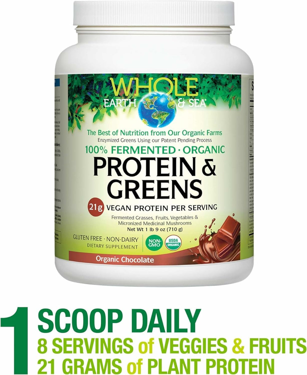 Vanilla Chai flavored protein and greens powder with scoop beside the container.