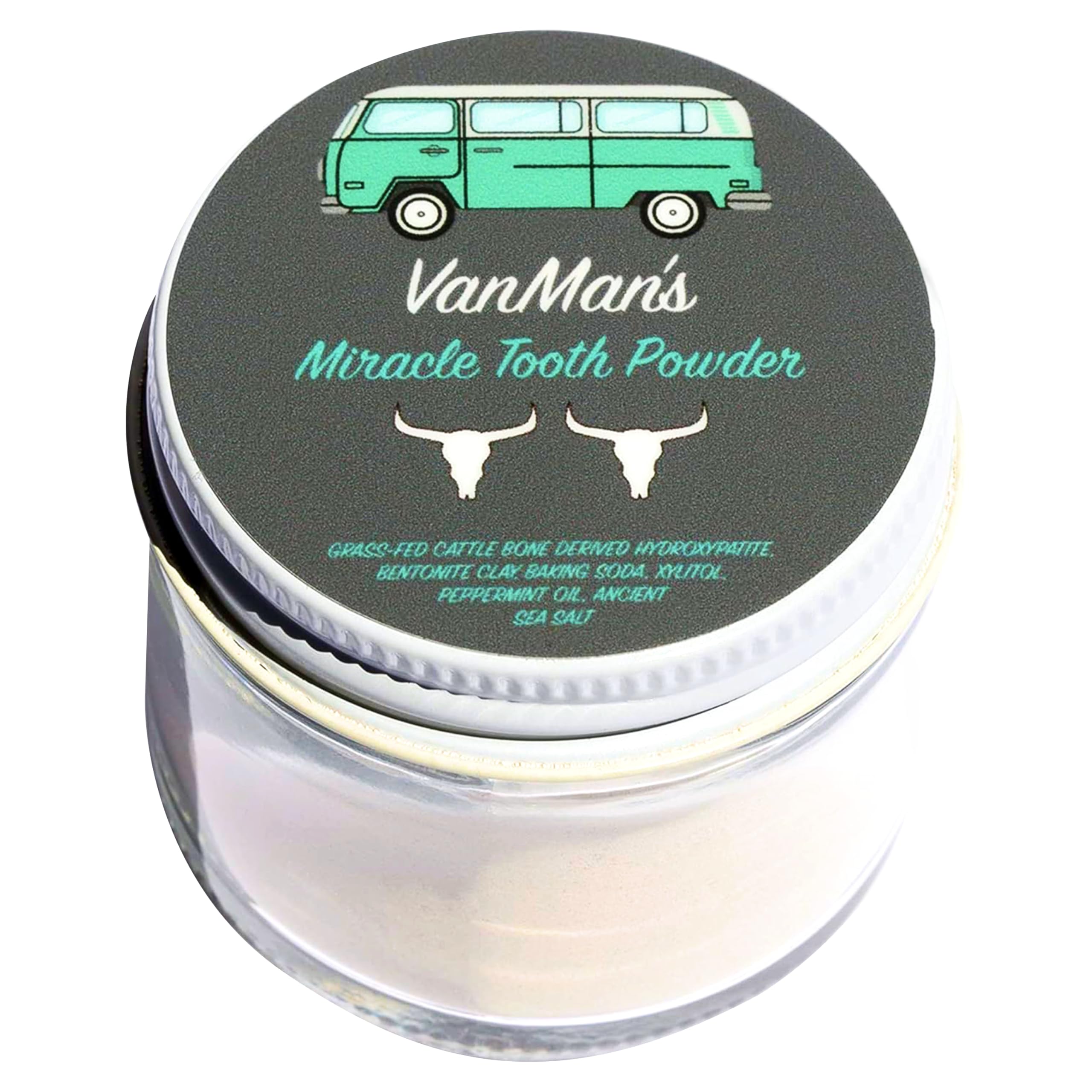 Vanman’s Mint and Bone Tooth Powder jar on white background