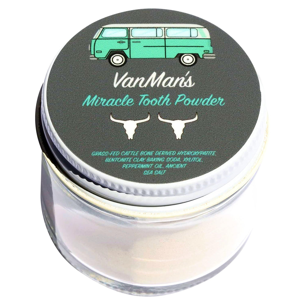 Vanman’s Mint and Bone Tooth Powder jar on white background