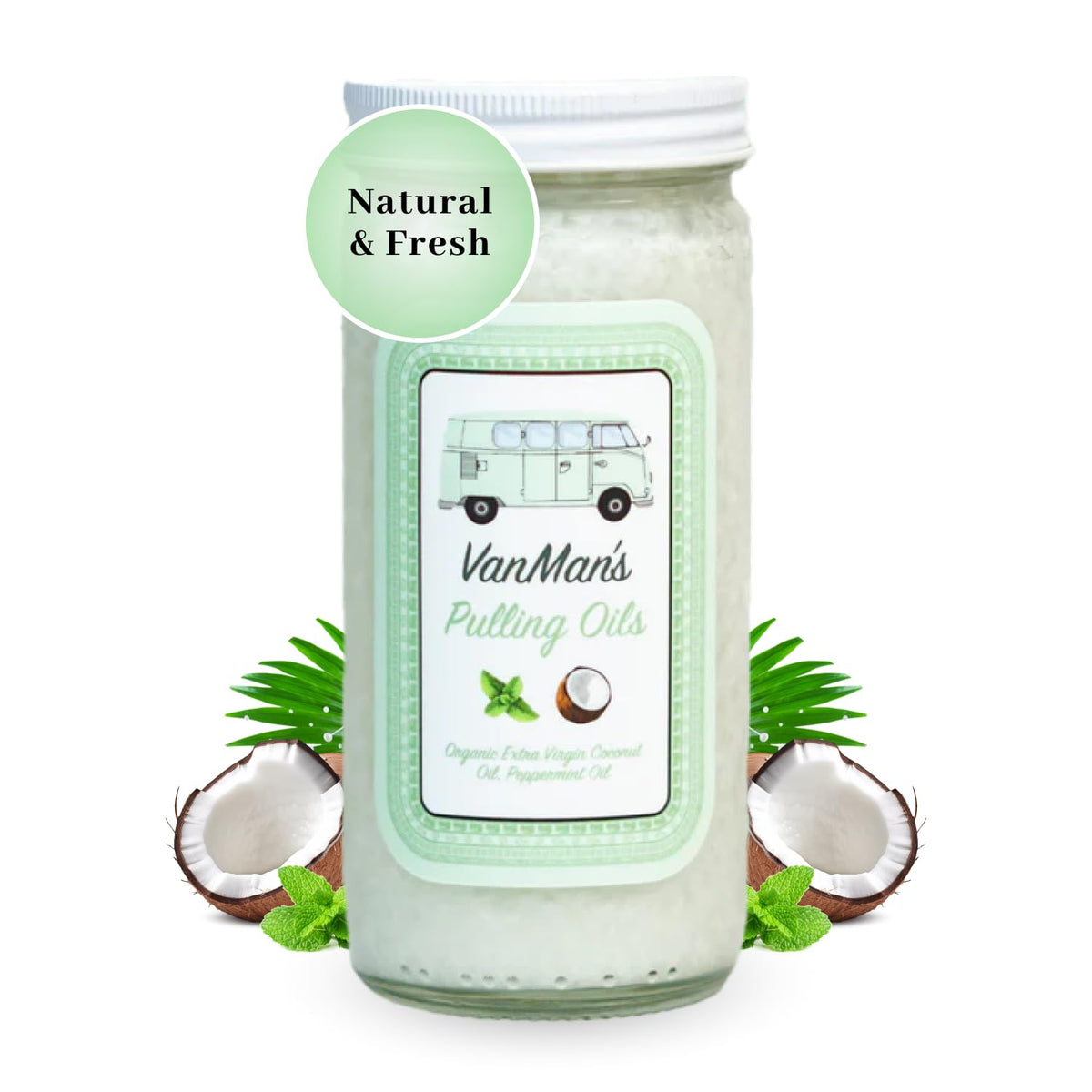 Vanman's pulling oil bottle with coconut and peppermint ingredients
