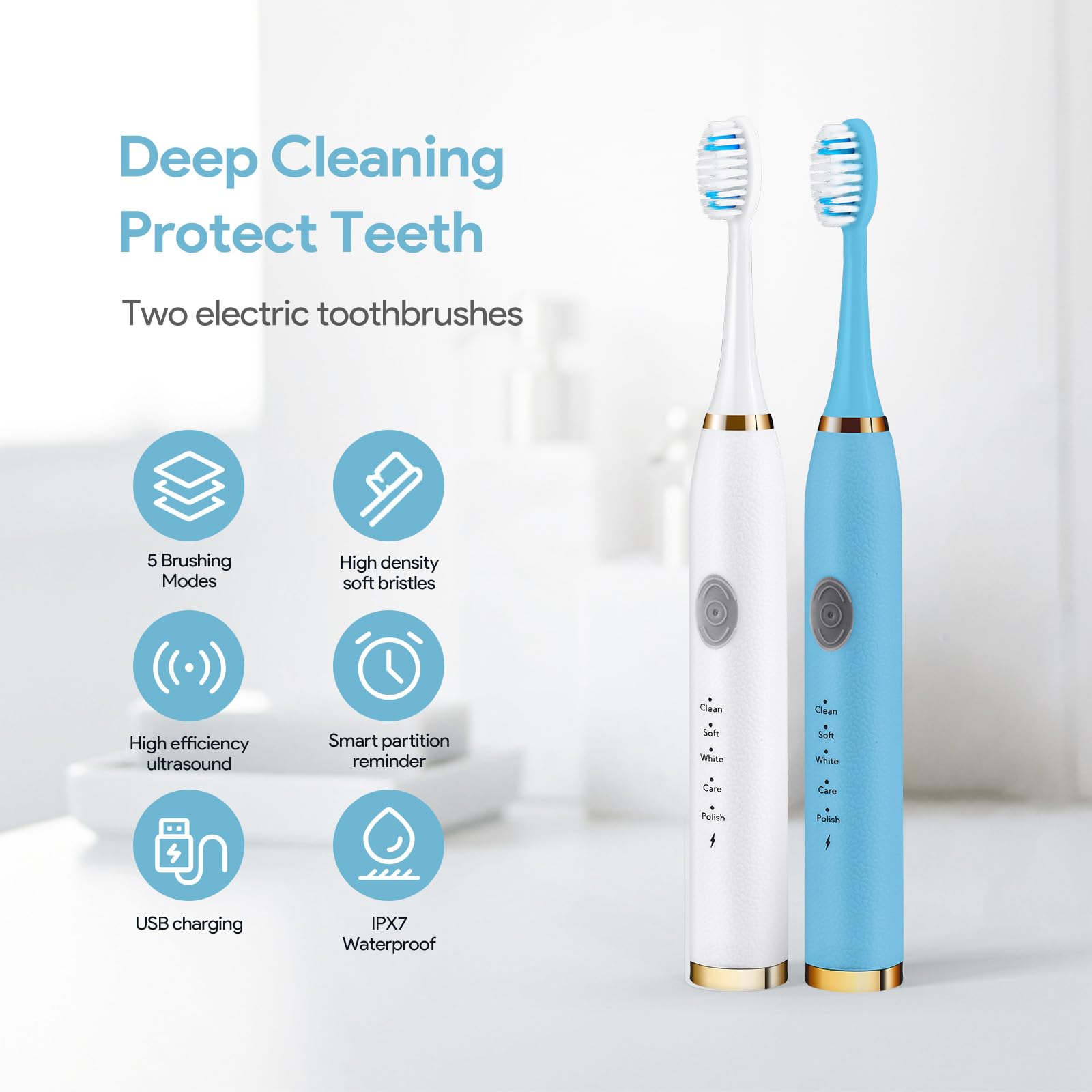 VANTREEGAO Electric Toothbrush 2 Pack - Side view