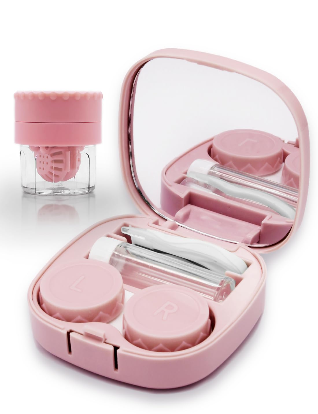 Vastsoon pink travel-size contact lens case with mirror and cleaning tools kit - front view