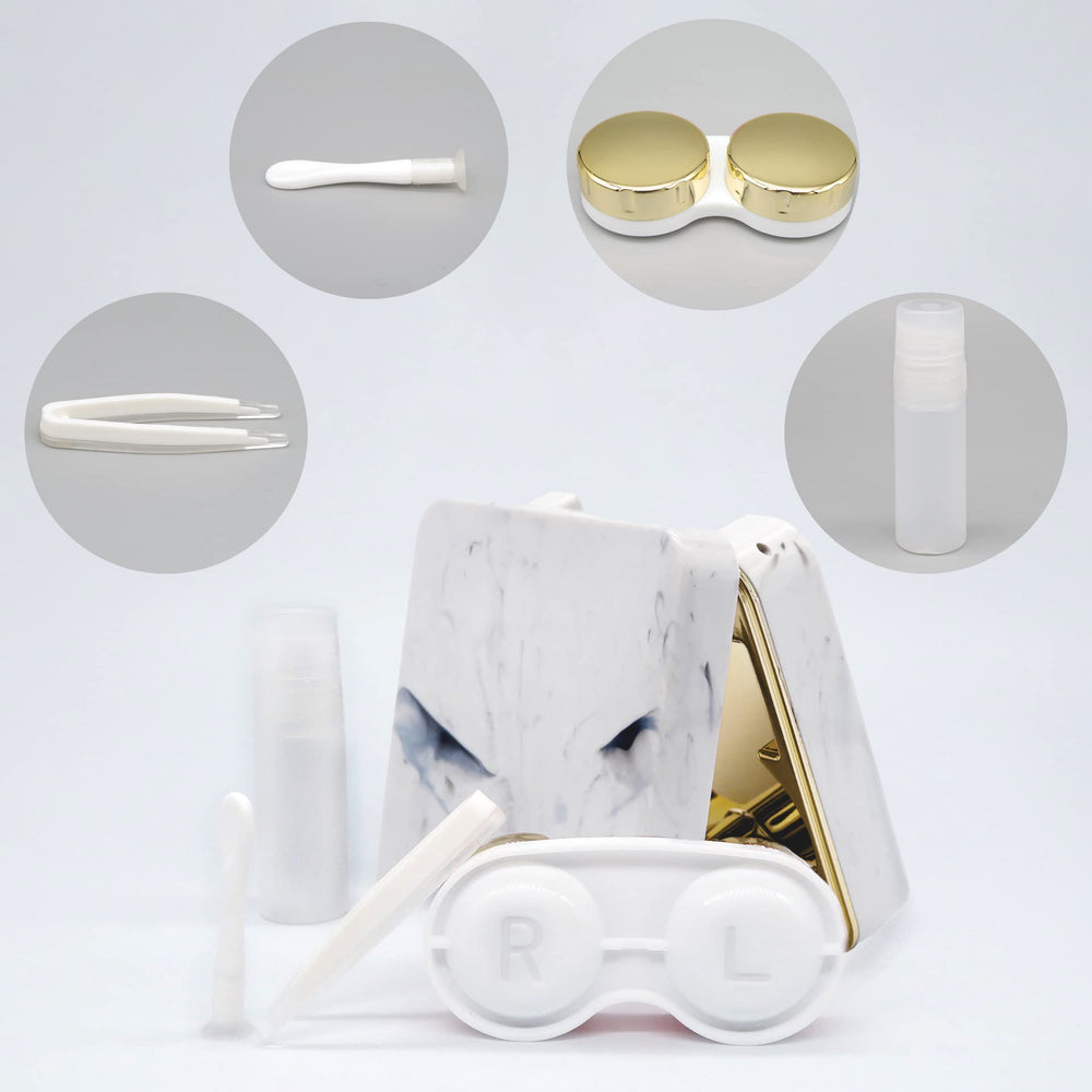 Close-up of unique marble pattern travel lens storage case