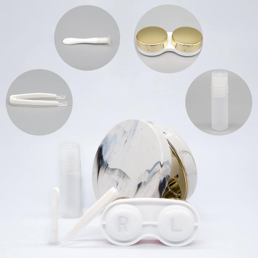 Open marble gold contact lens case showing compartments