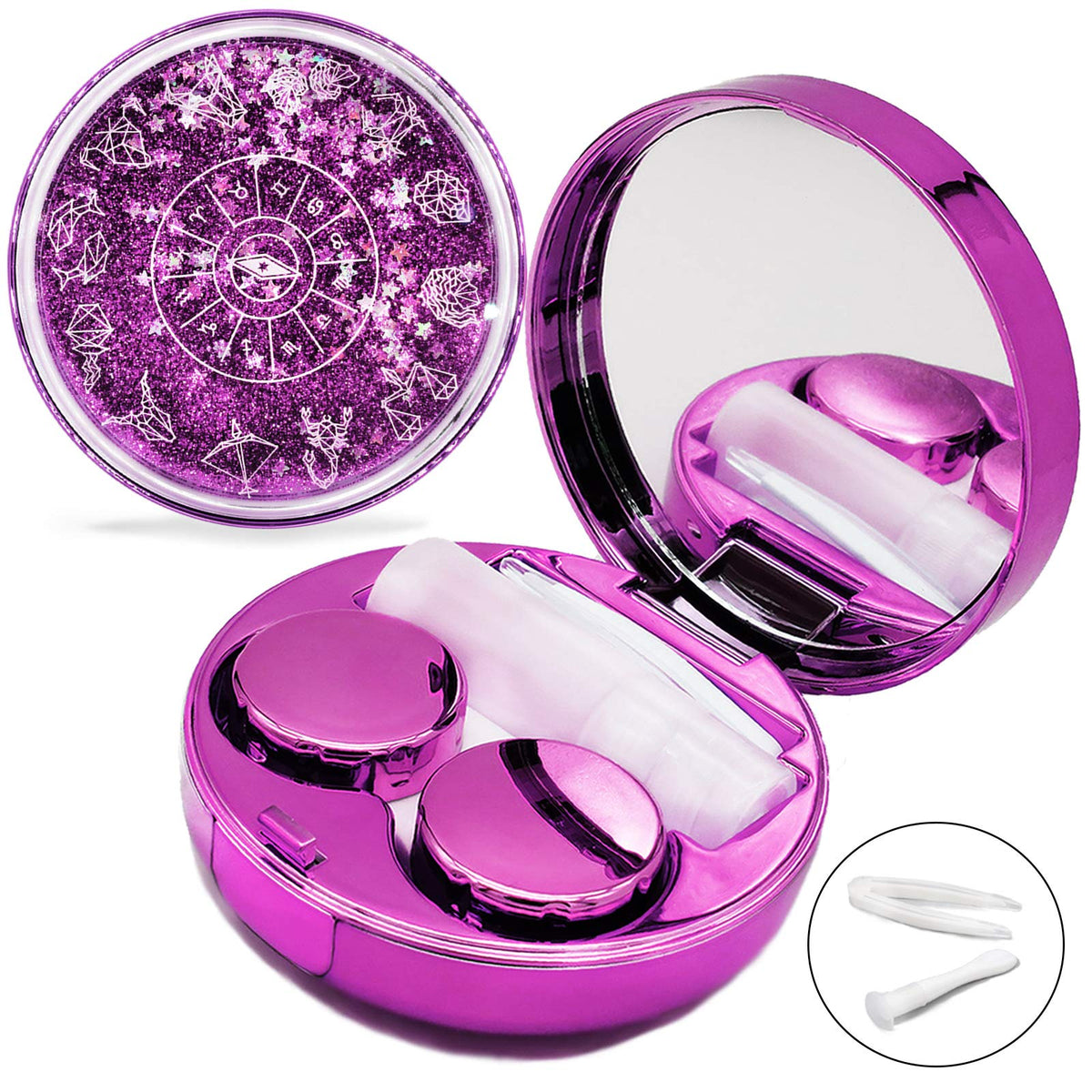 Vastsoon purple quicksand glitter lens case with mirror - front view