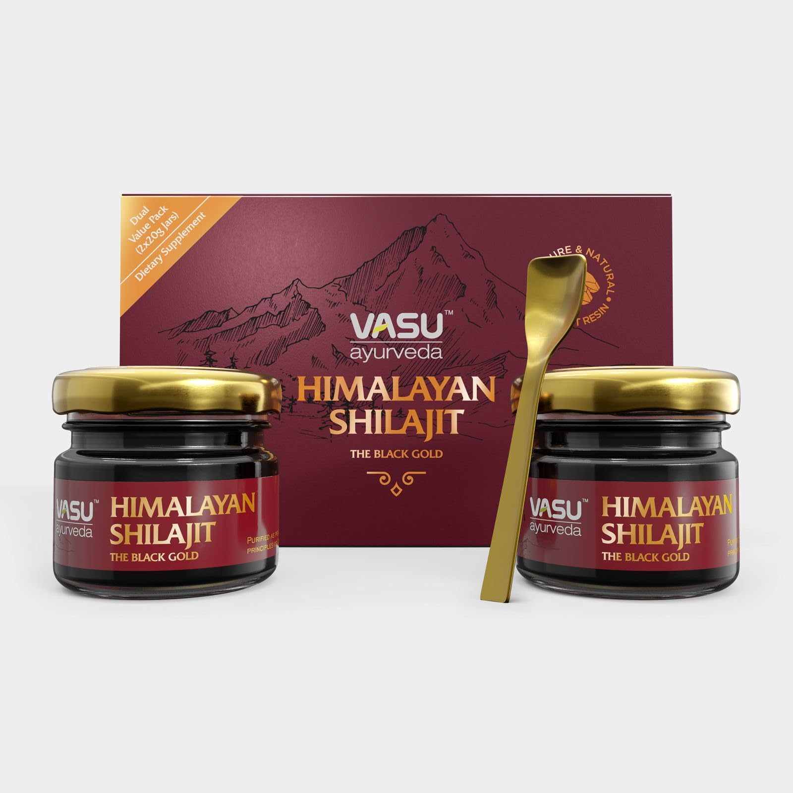 Product shot: VASU Ayurveda Shilajit Resin 400mg in 2-pack