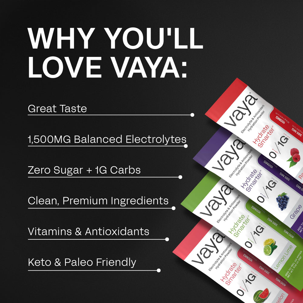 Vaya sugar-free electrolyte packets grape glass highlighting portable hydration on the go