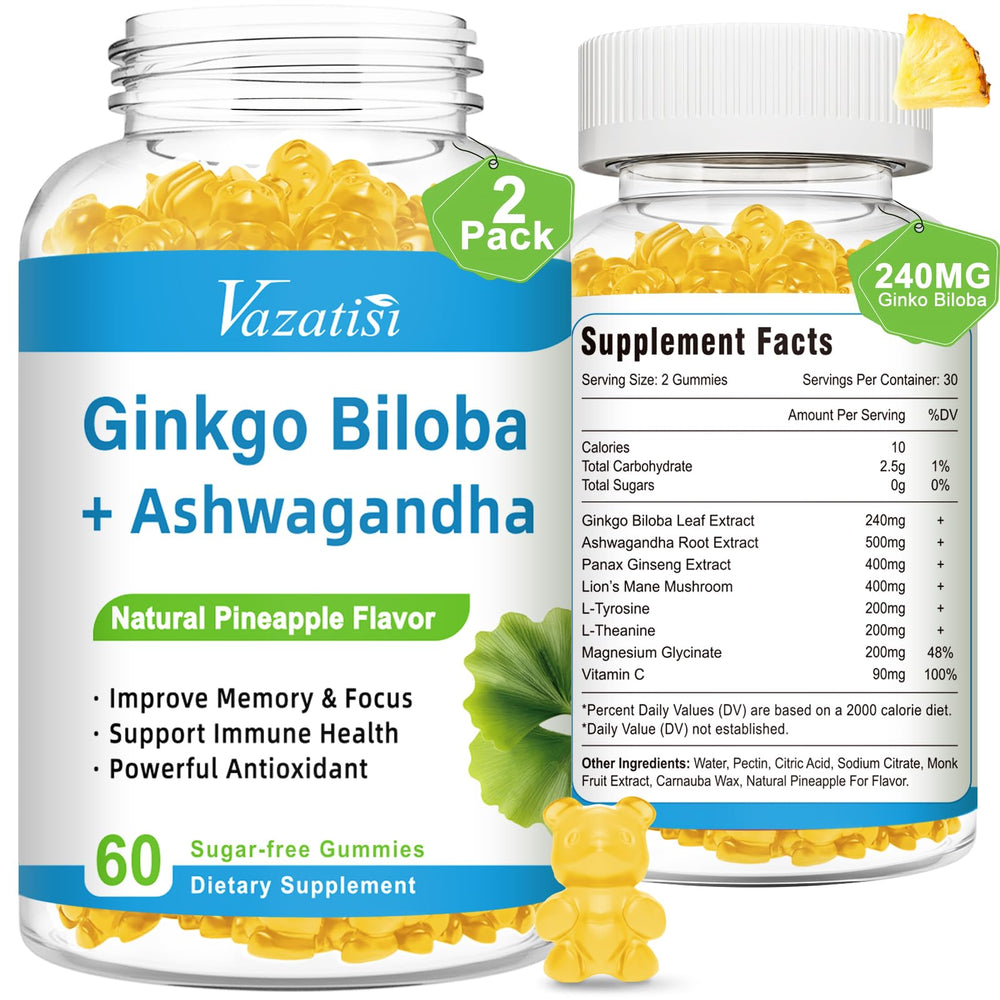 Vazatisi 240MG Ginkgo Biloba Gummies bottle label with Pineapple flavor