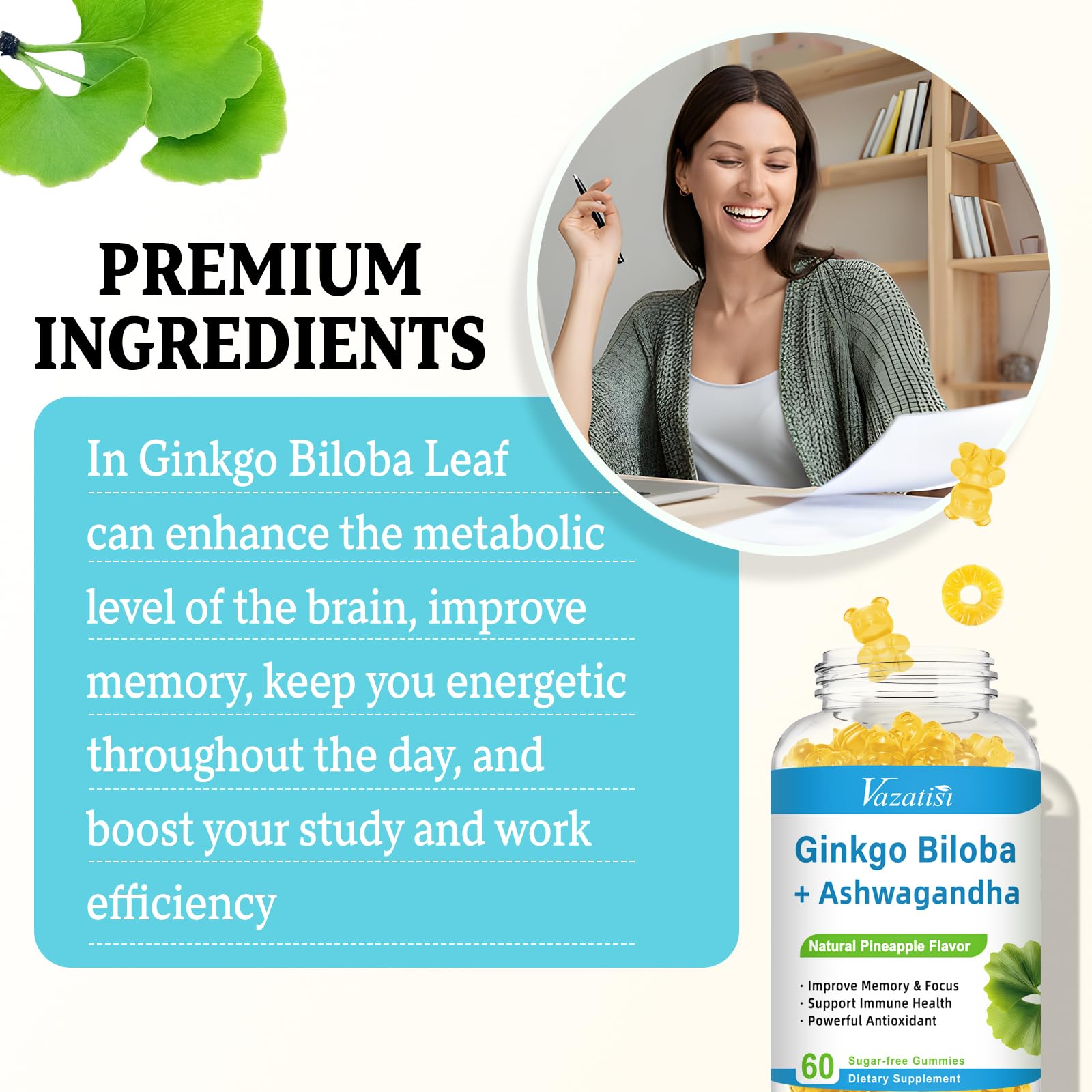 Concept image of ingredients: Ginkgo Biloba, Panax Ginseng, L-Tyrosine, L-Theanine