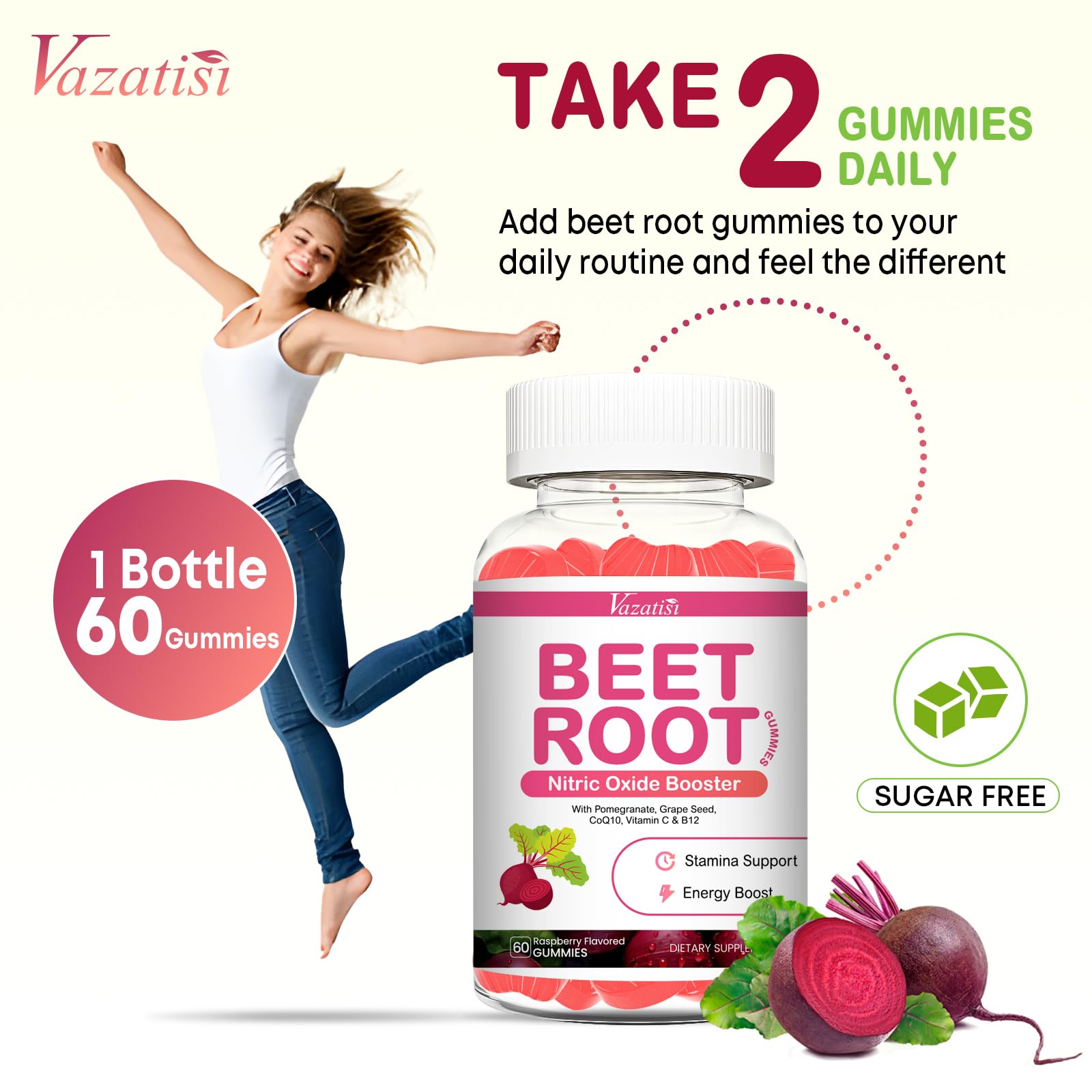 Vazatisi Beet Root Gummies 60-count bottle, sugar-free formulation.