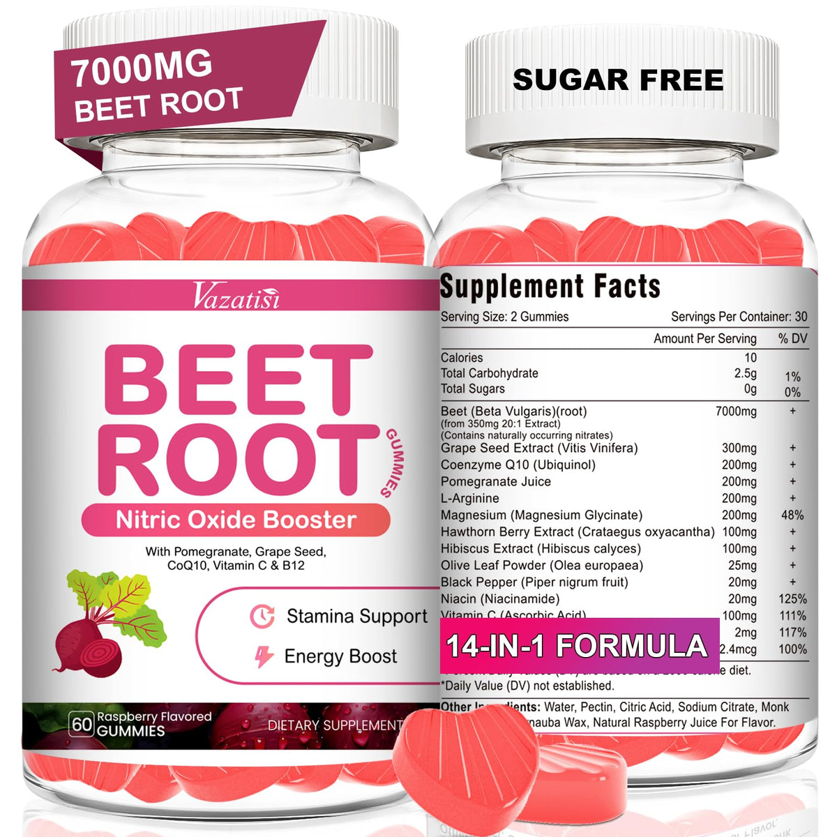 Vazatisi Beet Root Gummies bottle front shows brand logo and energy-ready design.