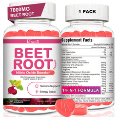 Vazatisi Beet Root Gummies jar front, hinting at raspberry flavor and daily circulation support.