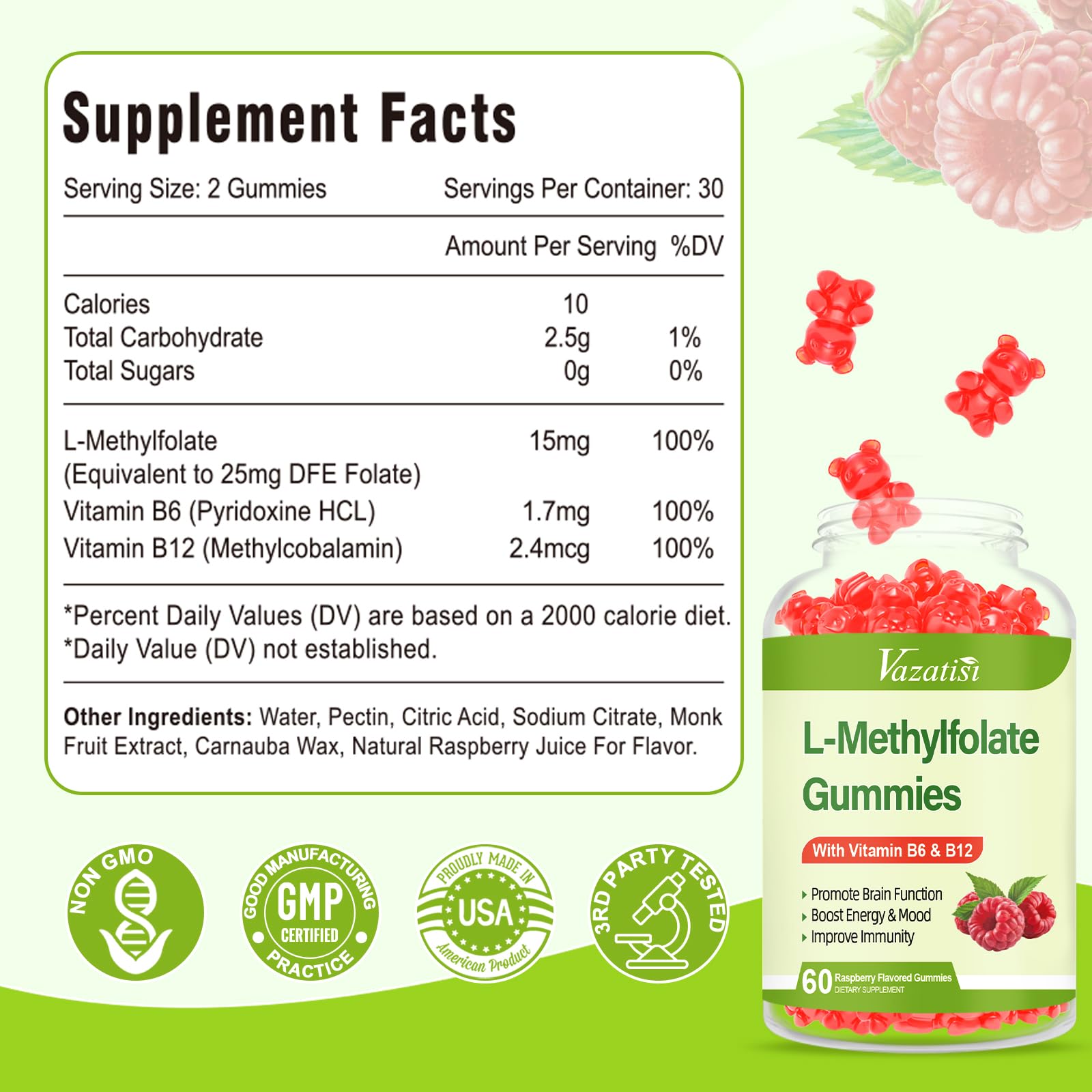 Close-up of Vazatisi L-Methylfolate Raspberry gummies