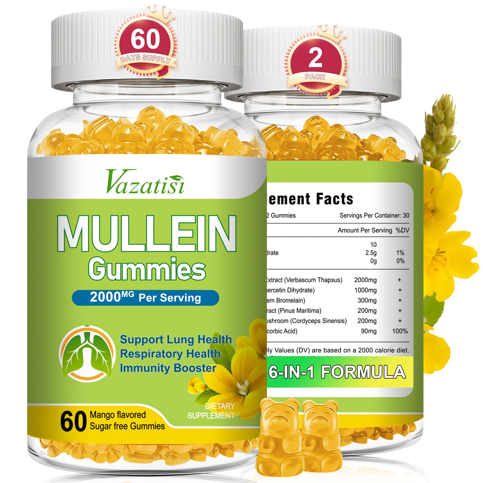 Front view of Vazatisi Mullein Gummies bottle 120ct