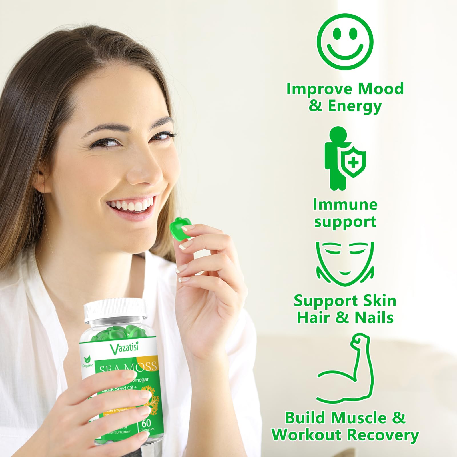 Ingredients panel featuring organic Irish sea moss and black seed oil