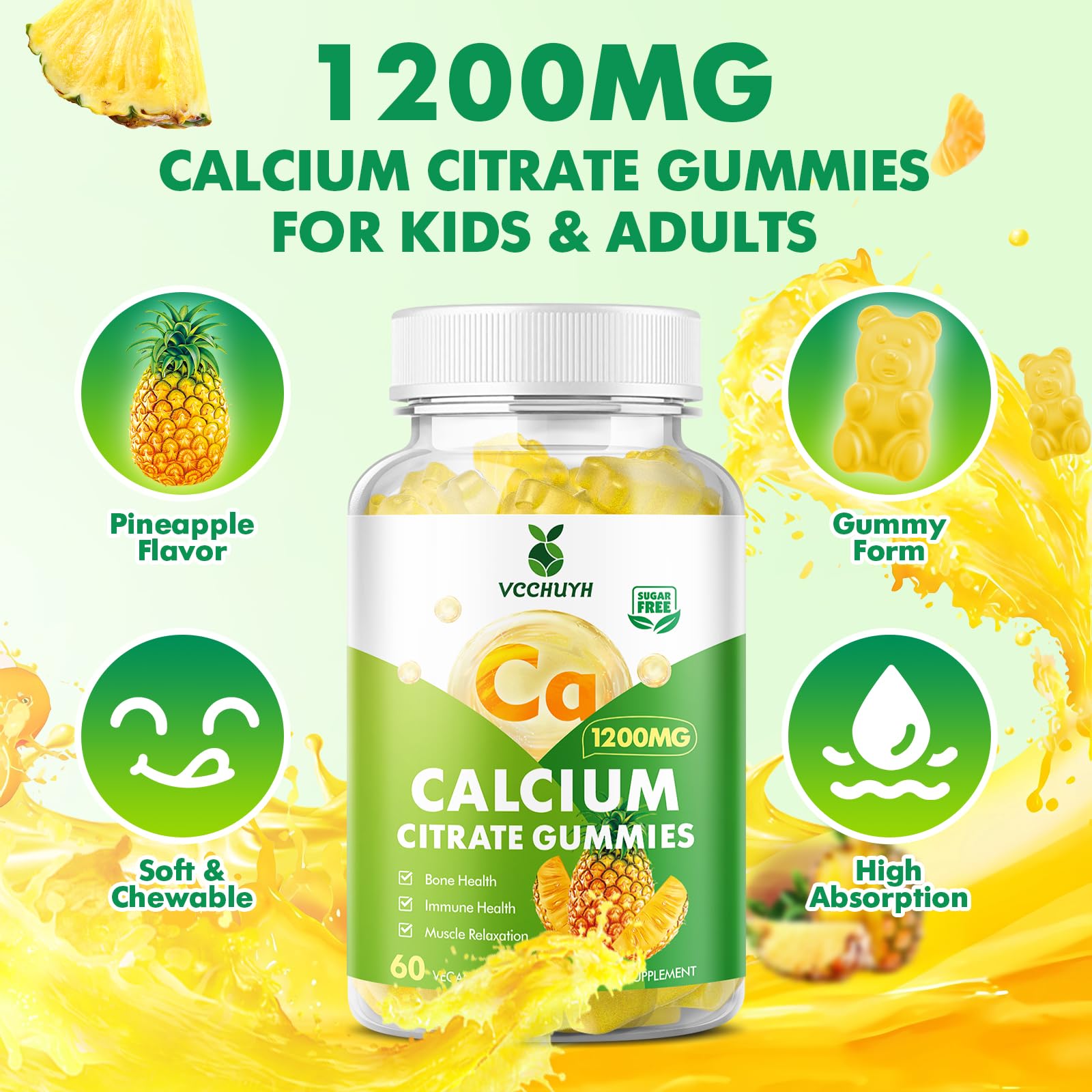 VCCHUYH Calcium Citrate Gummies 1200 mg ingredients vegan, sugar-free