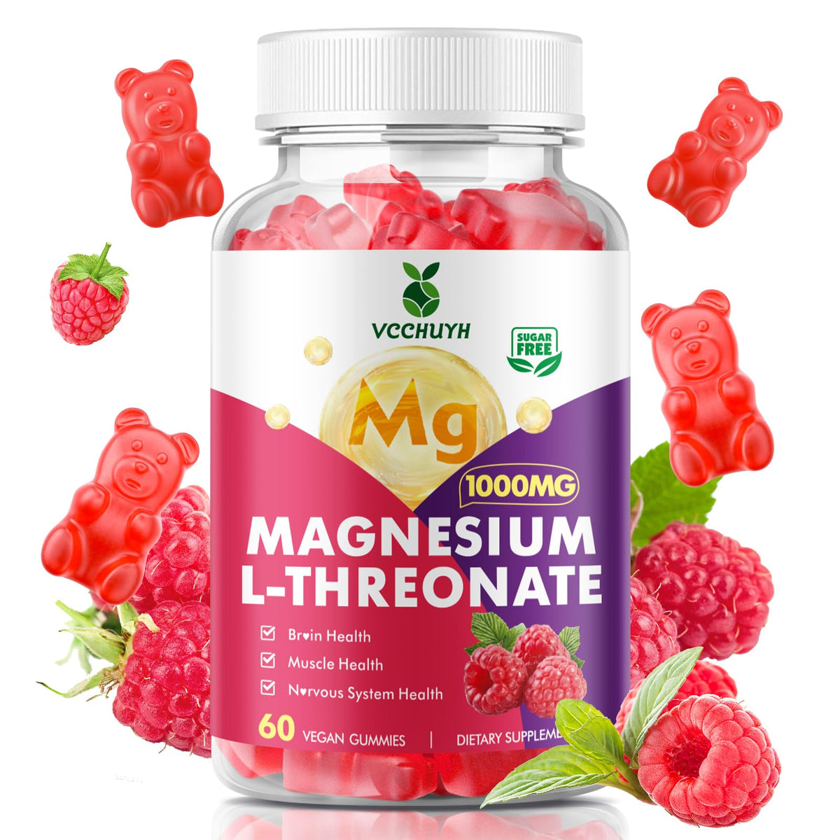 Front view of VCCHUYH Magnesium Threonate Gummies Raspberry flavor bottle (60 count)
