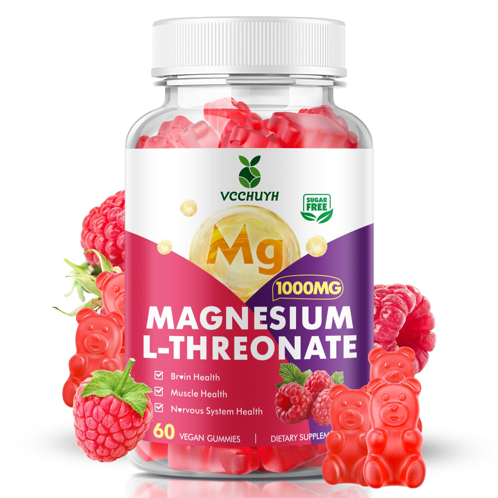 Packaging and bottle of VCCHUYH Raspberry Magnesium Threonate Gummies