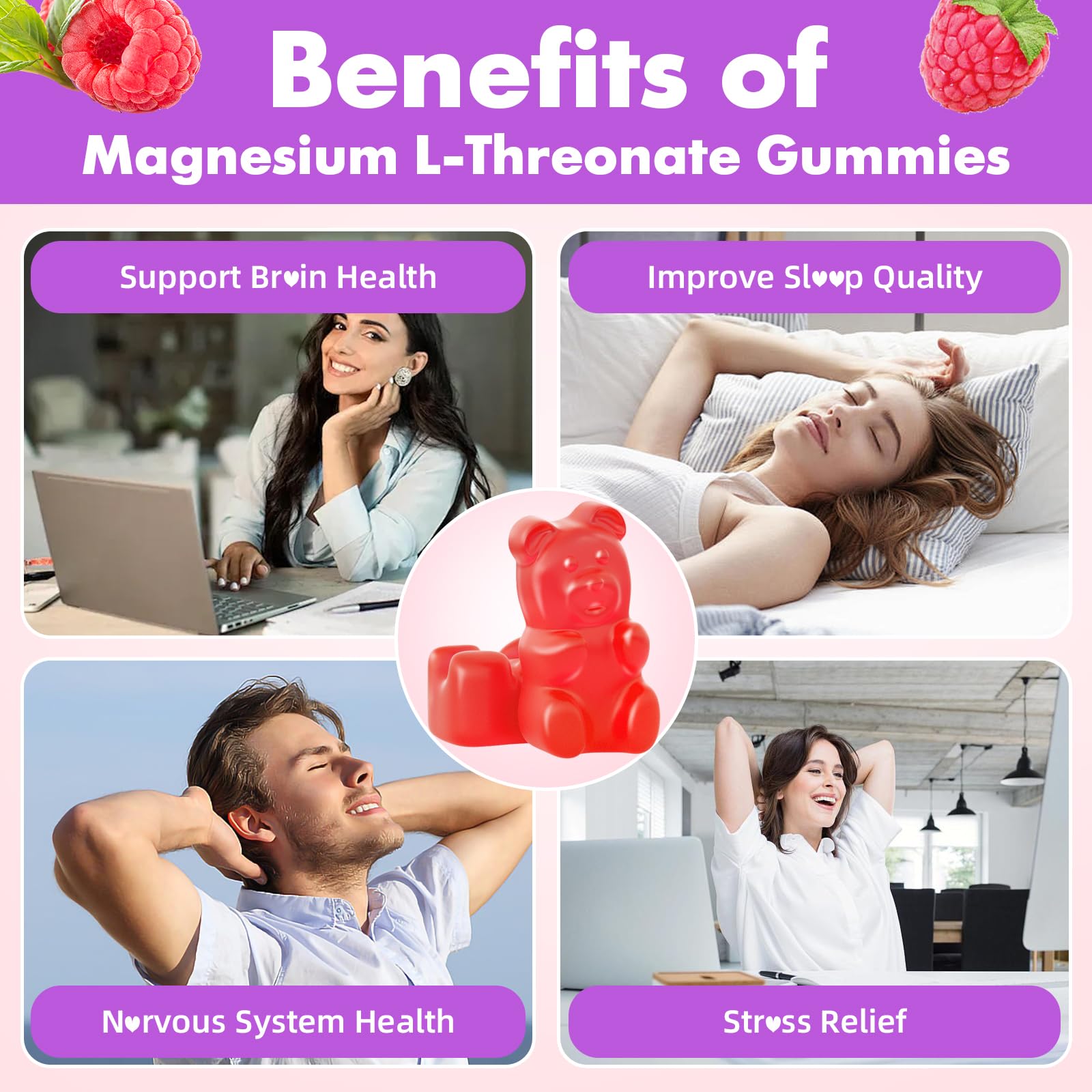 Side view of VCCHUYH Raspberry Magnesium Threonate Gummies bottle