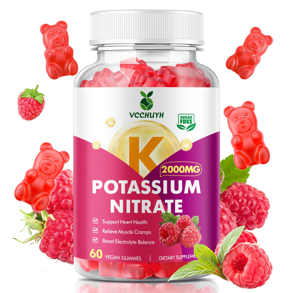 Front view of VCCHUYH Potassium Gummies 2000mg Raspberry 60-count