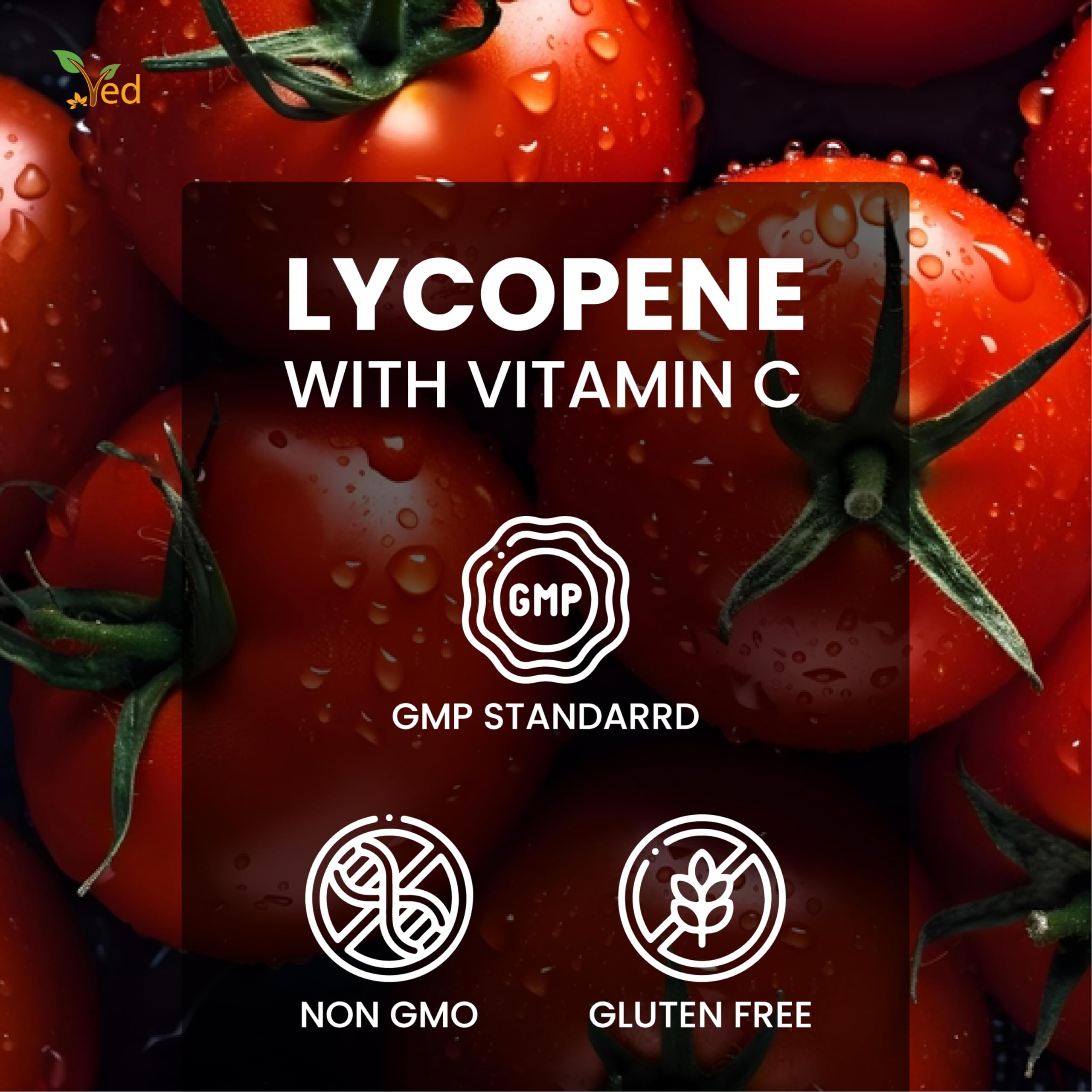 Non-GMO and allergen-free badges on Ved Lycopene packaging