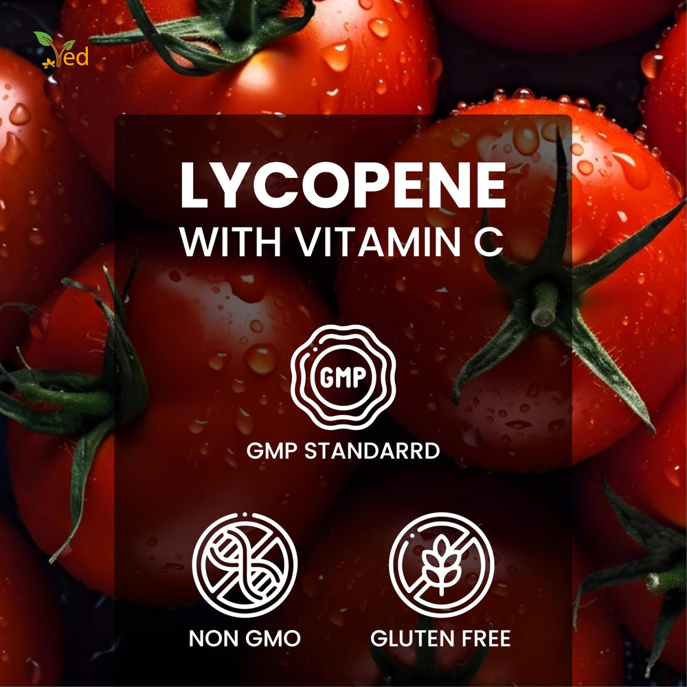 Non-GMO and allergen-free badges on Ved Lycopene packaging