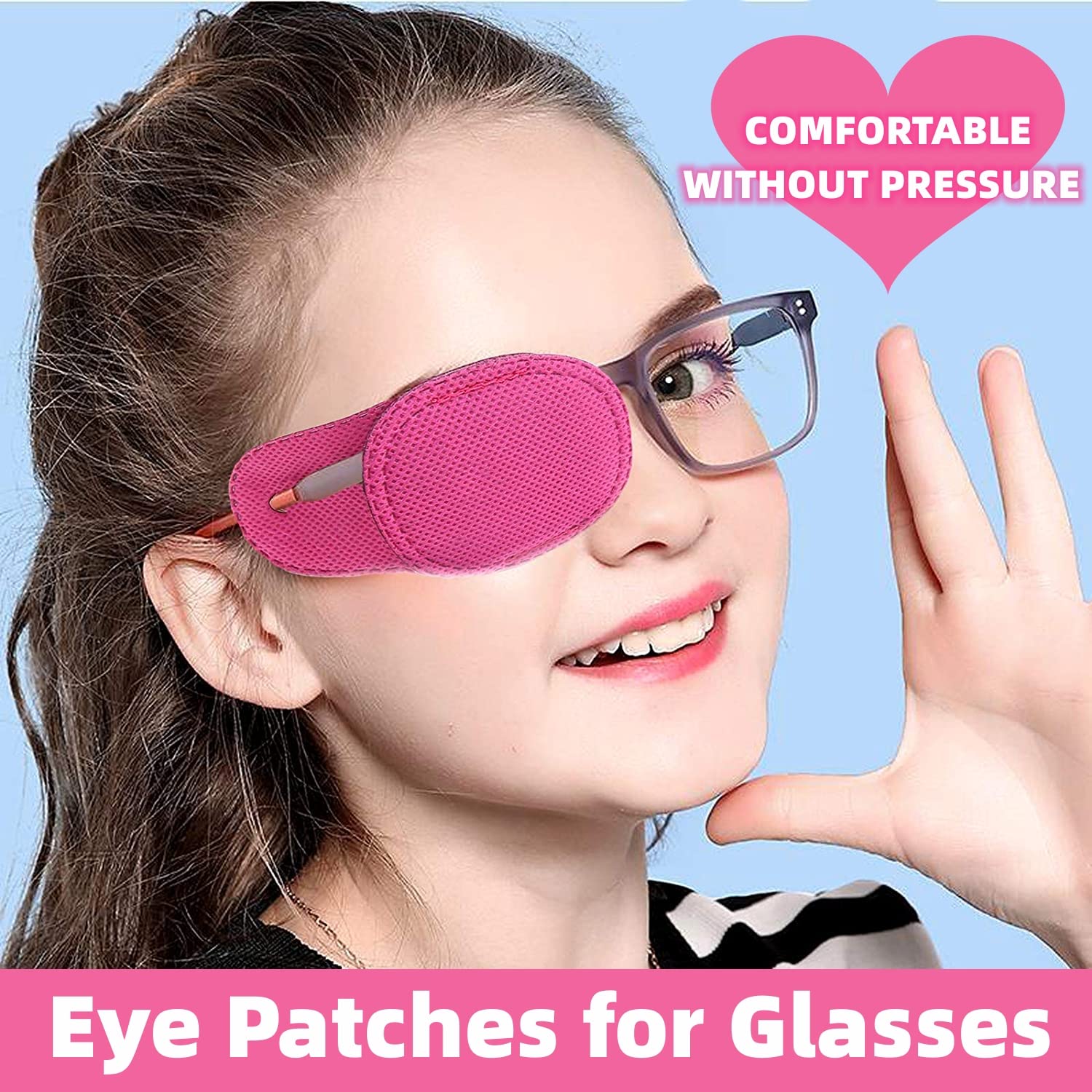 Pink eye patches showing normal size (2.2 x 1.6 in) for adults and kids