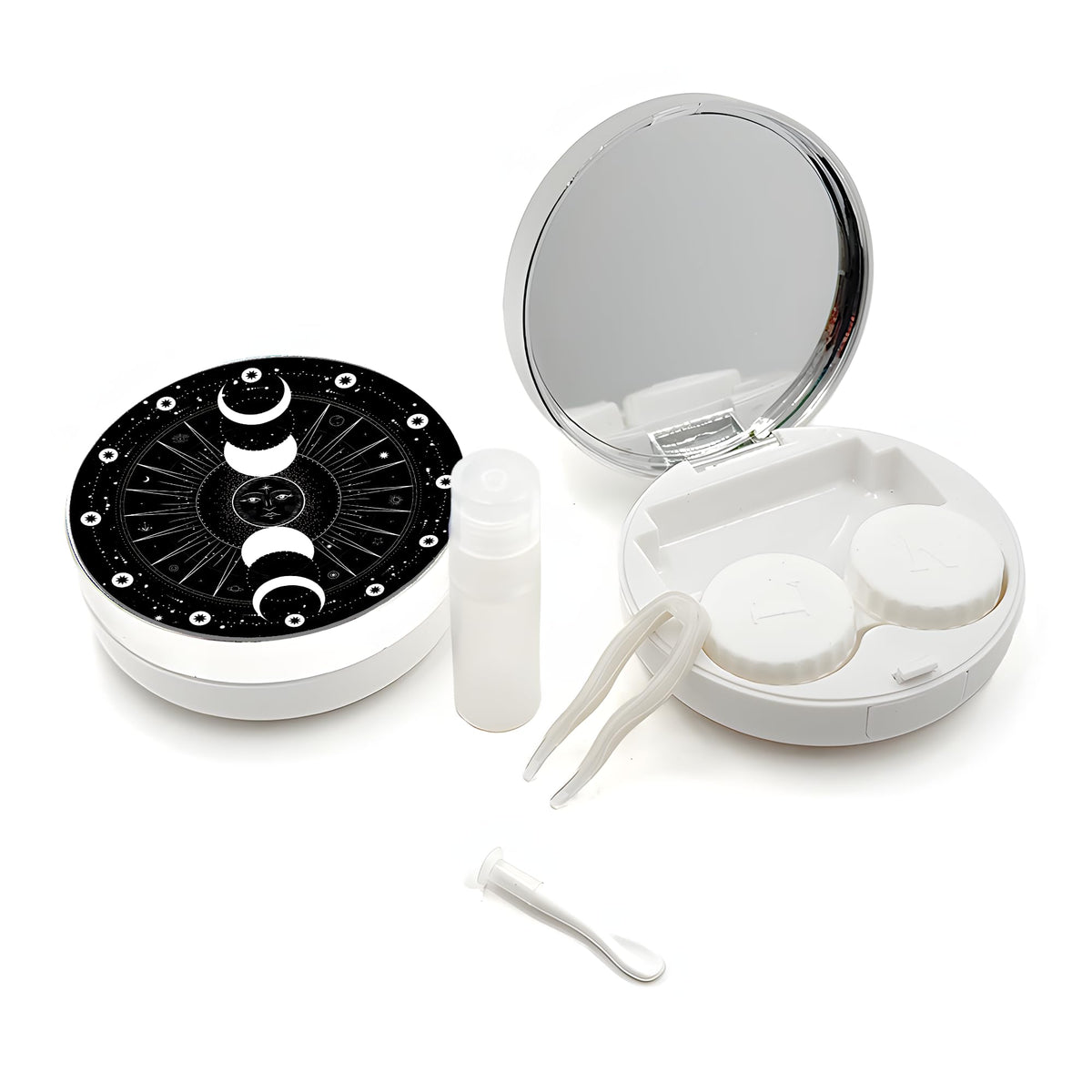 VegaPunkLab 5-in-1 contact lens travel case opened with mirror and bottle