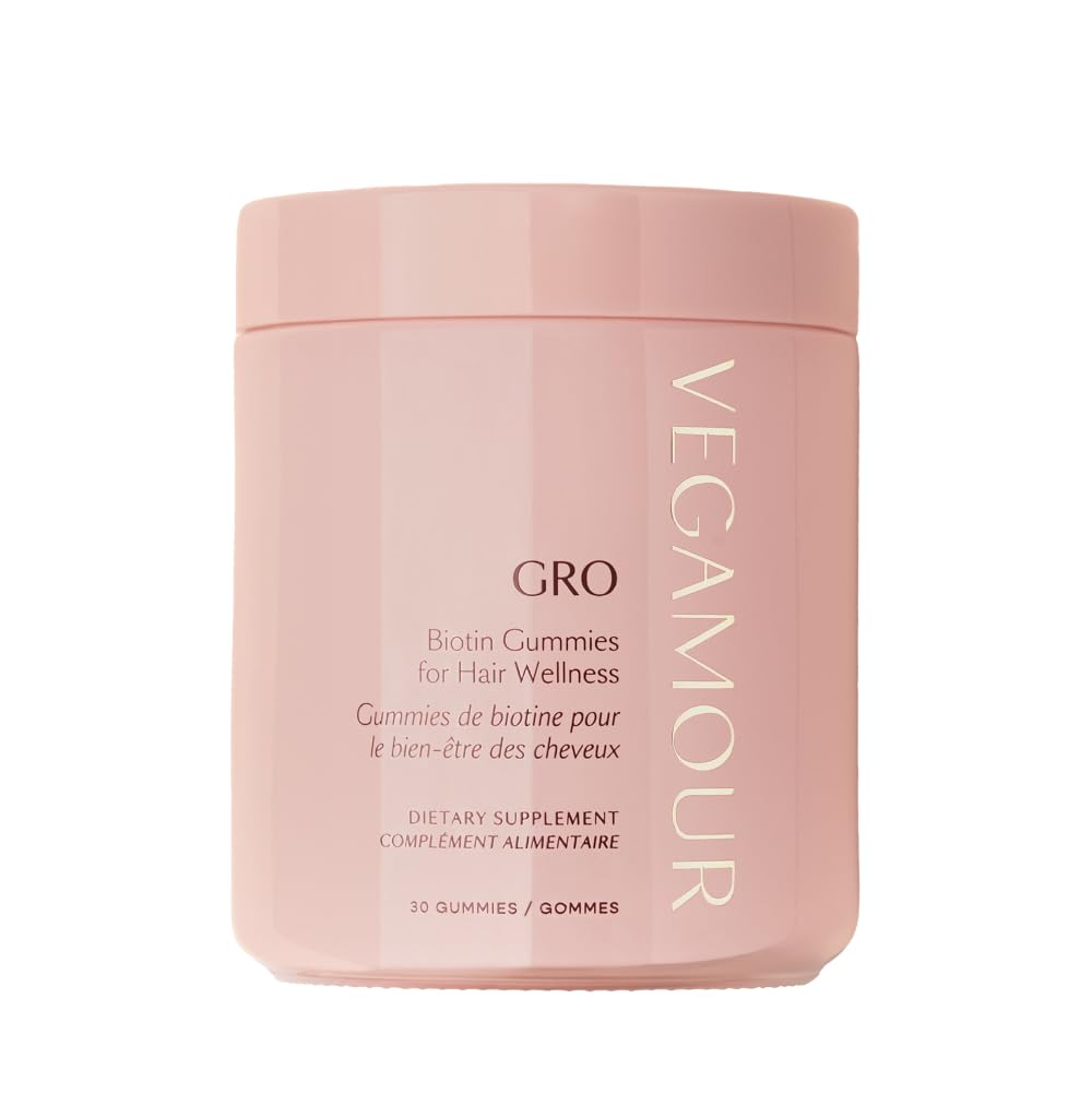 Bottle of VEGAMOUR GRO Biotin Gummies strawberry flavor front view
