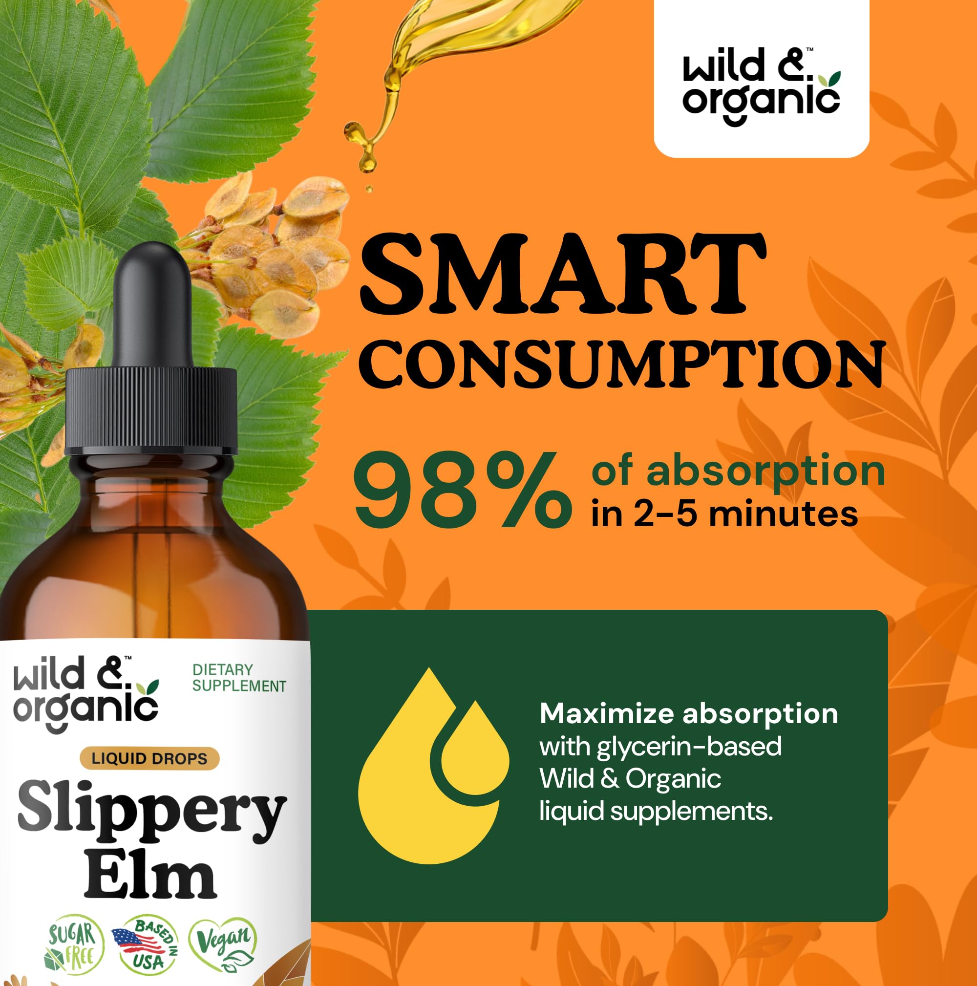 Vegan, alcohol-free slippery elm liquid drops formulation