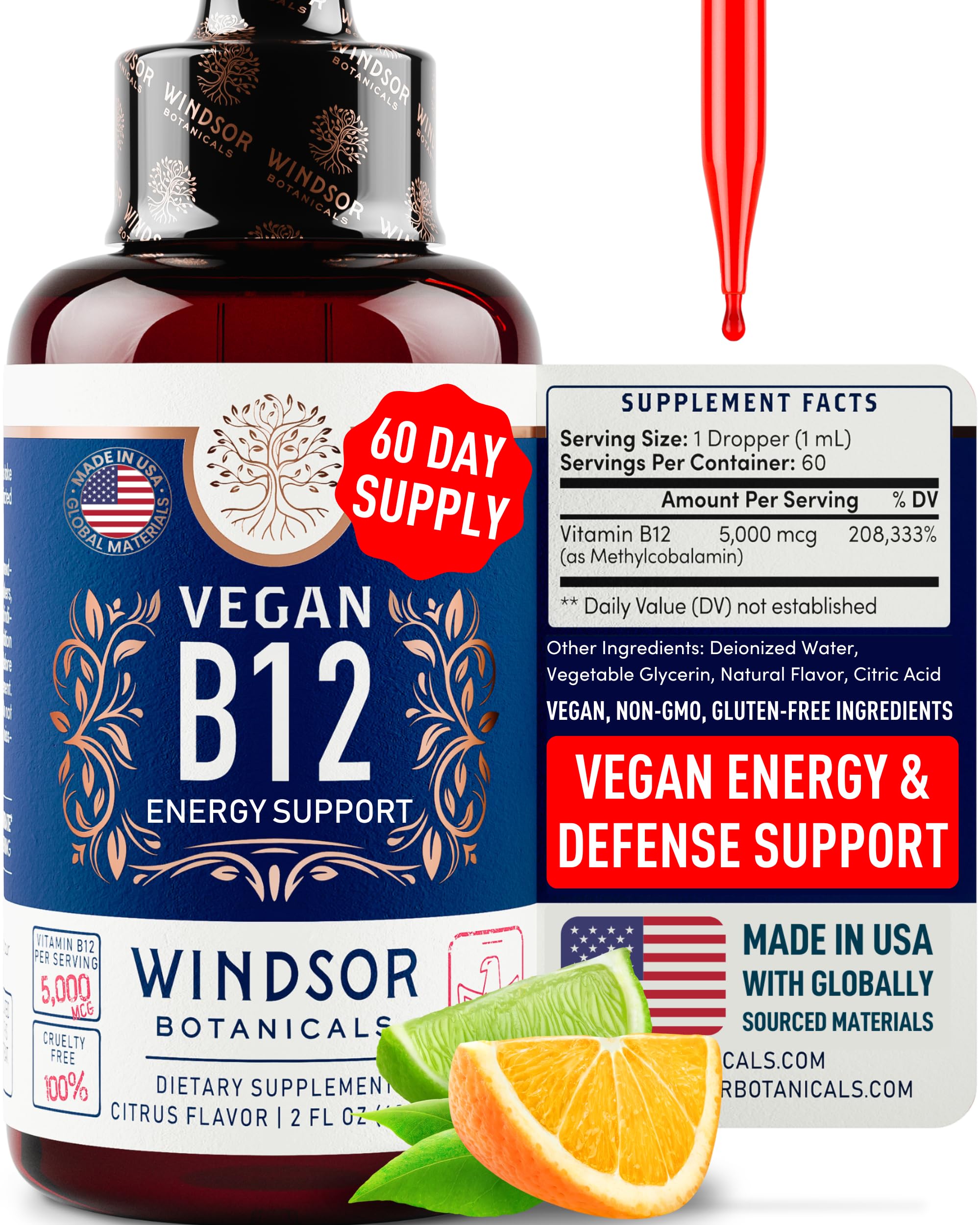 Vegan Vitamin B12 Liquid bottle with 5000 mcg label