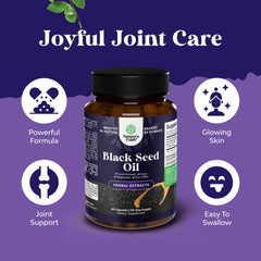 Cold-pressed black seed oil capsules on white background