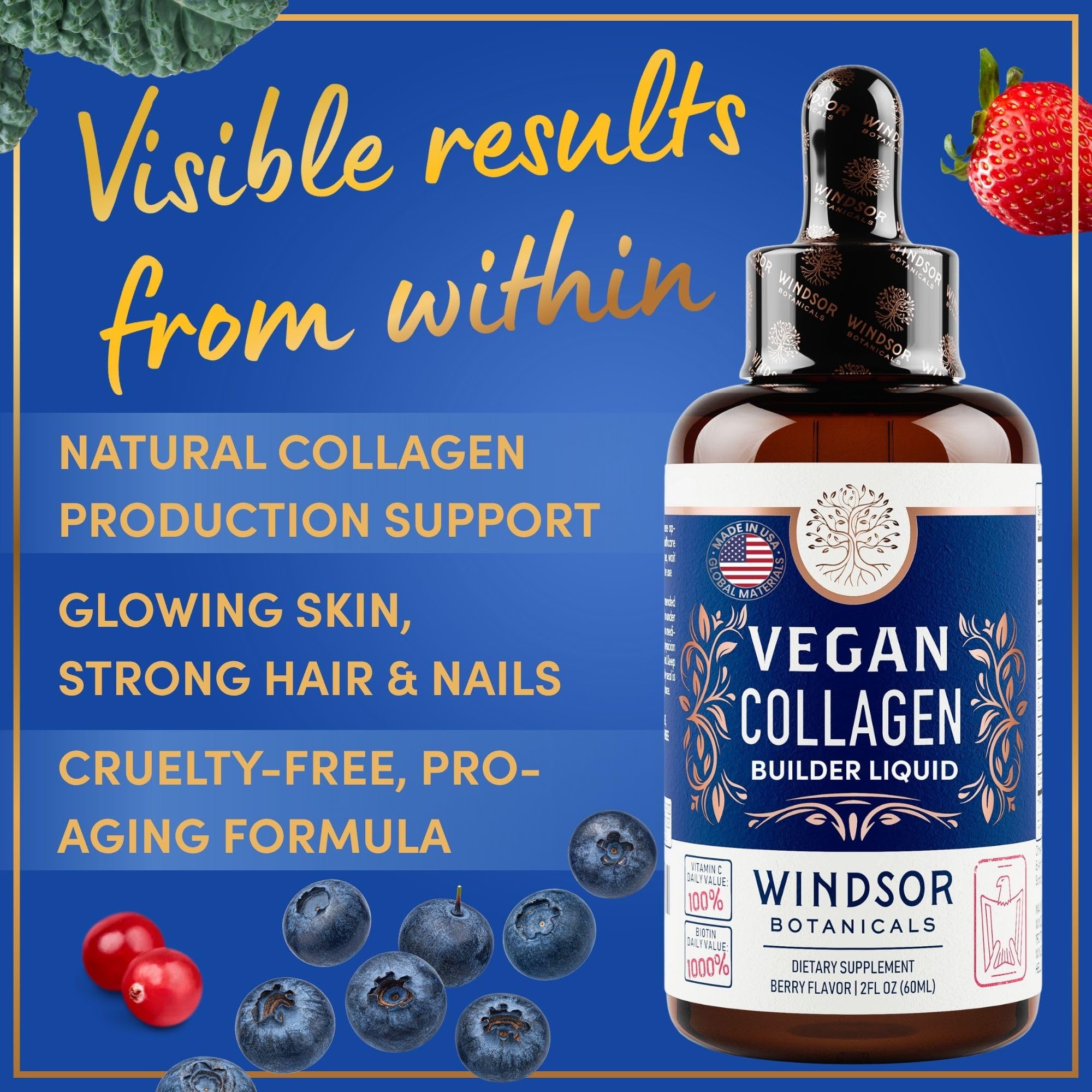 Bottle label highlighting Vitamin C, Biotin, Hyaluronic Acid