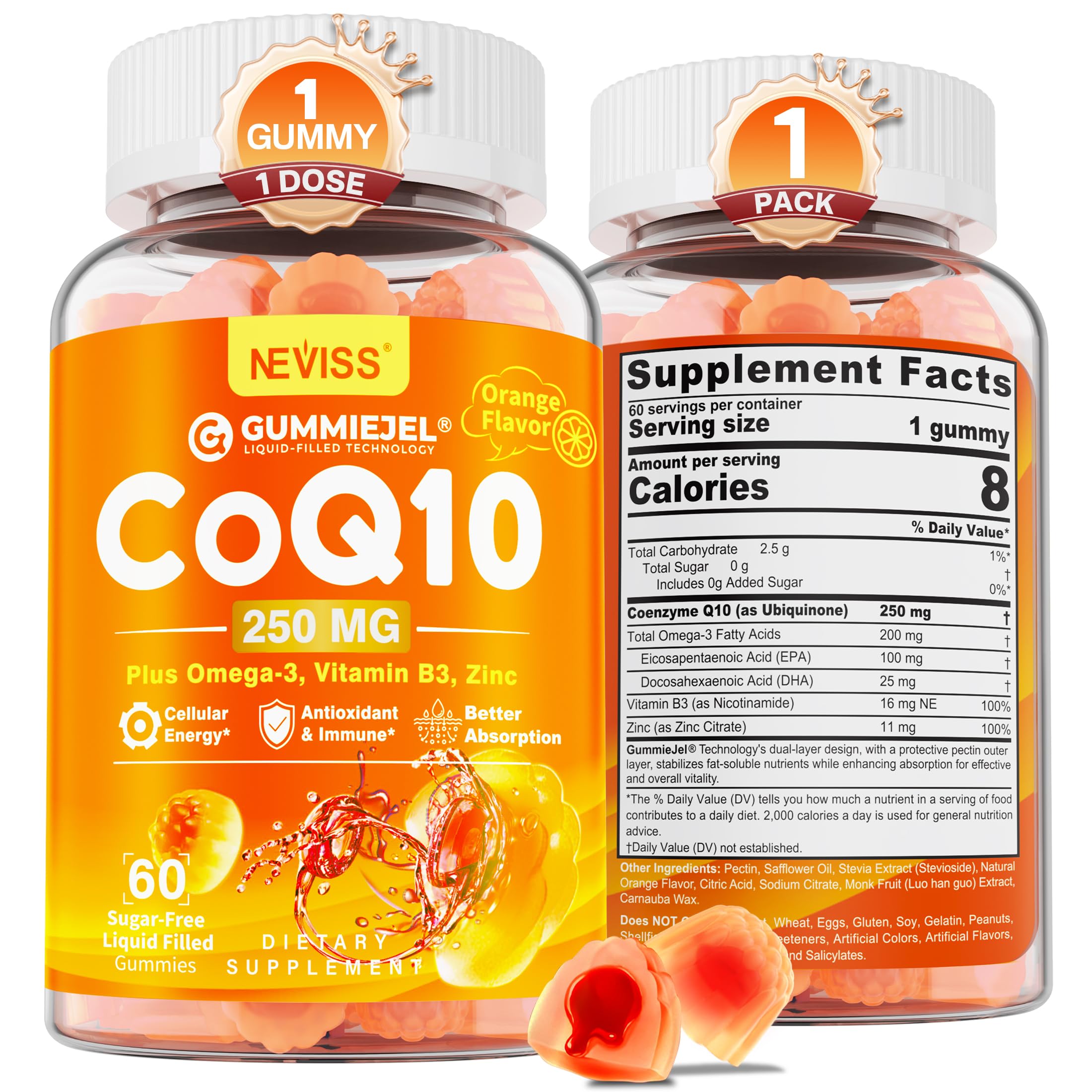 NEVISS vegan CoQ10 gummies 250mg with Omega-3 in a 60-count bottle
