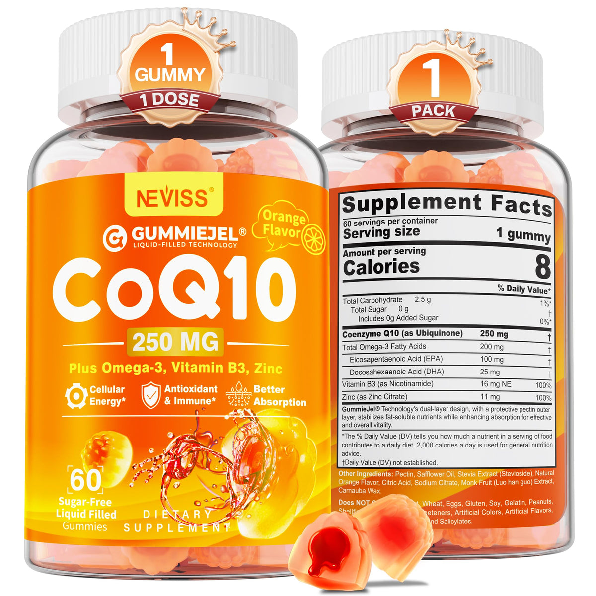 NEVISS vegan CoQ10 gummies 250mg with Omega-3 in a 60-count bottle