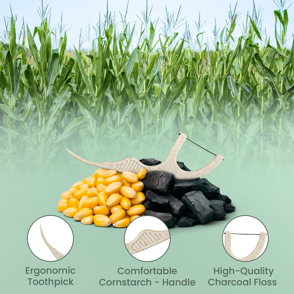 Vegan cornstarch handle dental floss pick close-up