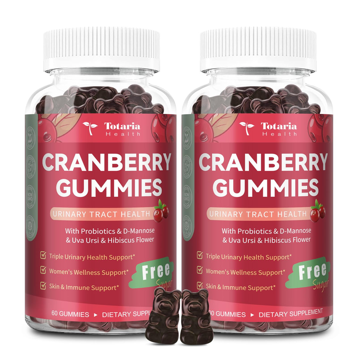 Two-pack vegan cranberry gummies bottle for women's urinary tract health