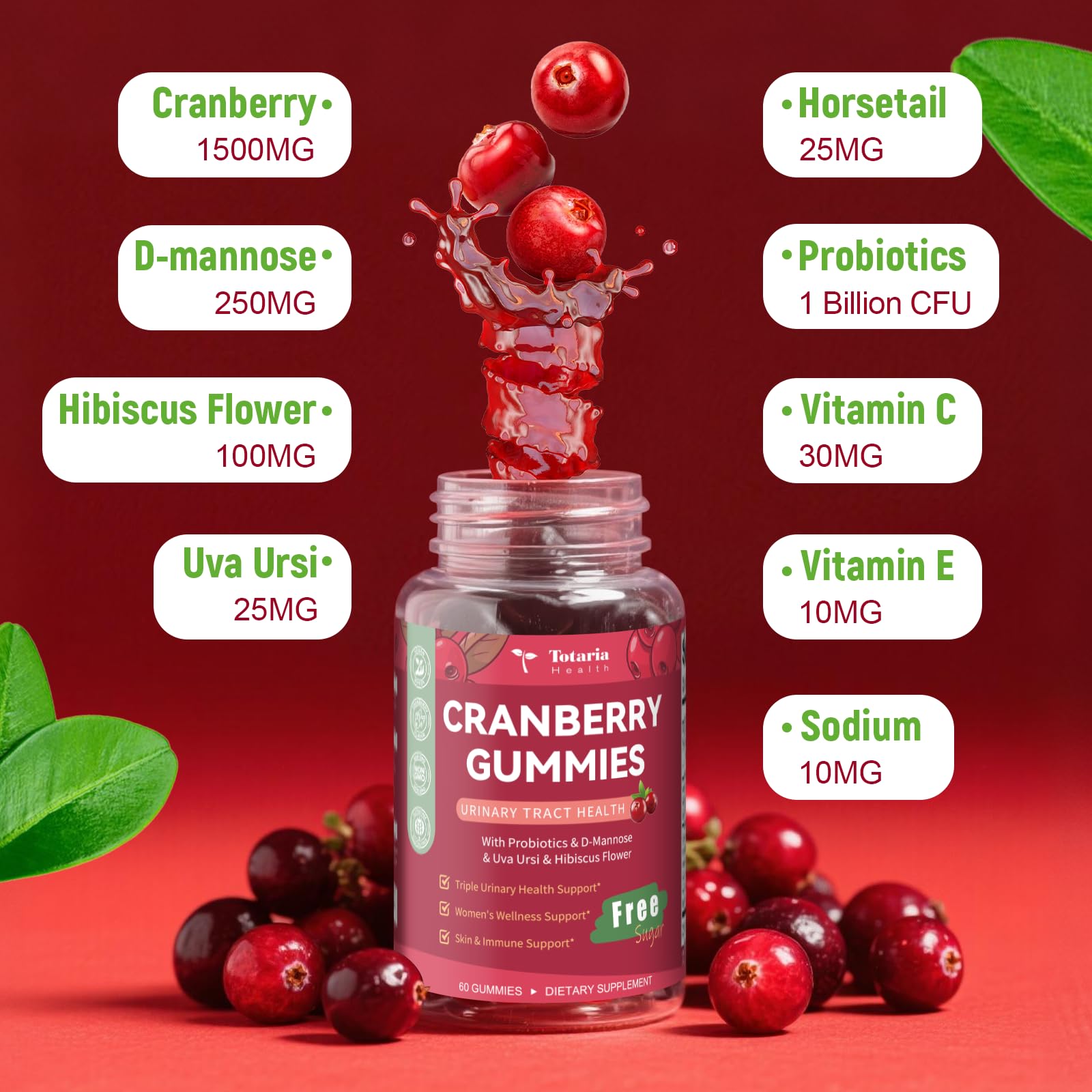 Close-up of cranberry gummies with D-Mannose and probiotics