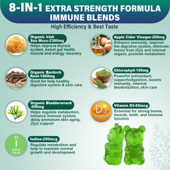 Vegan detox sea moss gummies label emphasizing 8-in-1 potency