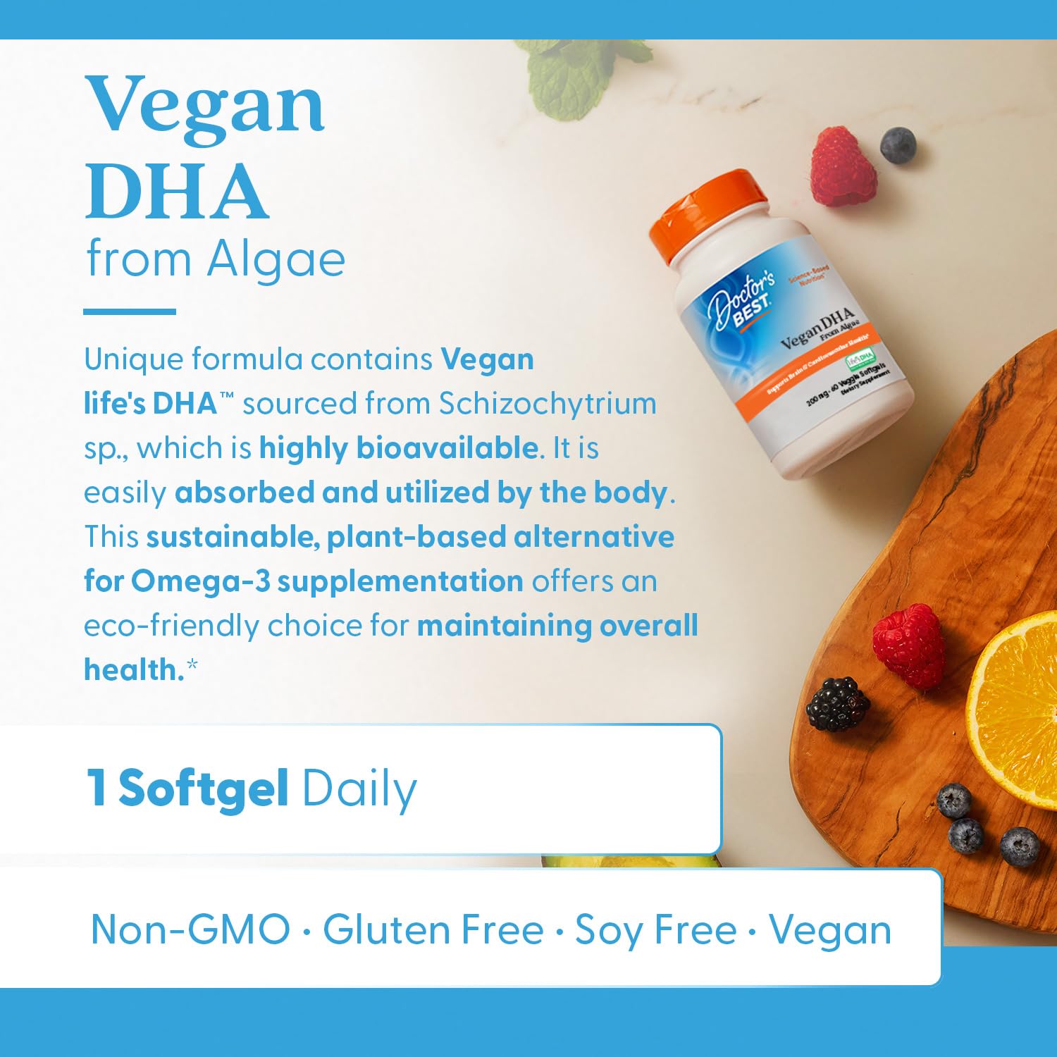 Doctors Best vegan DHA algae pack image highlights compact, travel-friendly capsules.