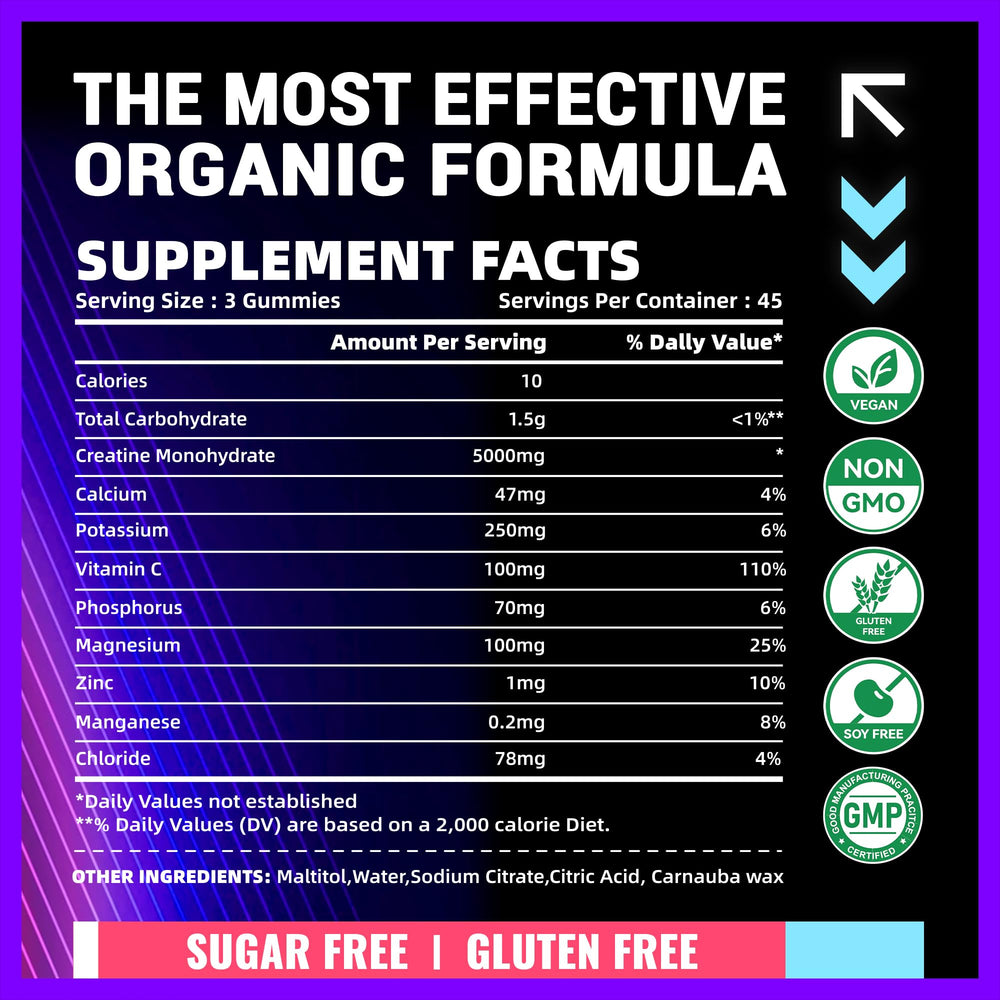 Vegan, gelatin-free, sugar-free creatine monohydrate gummies package