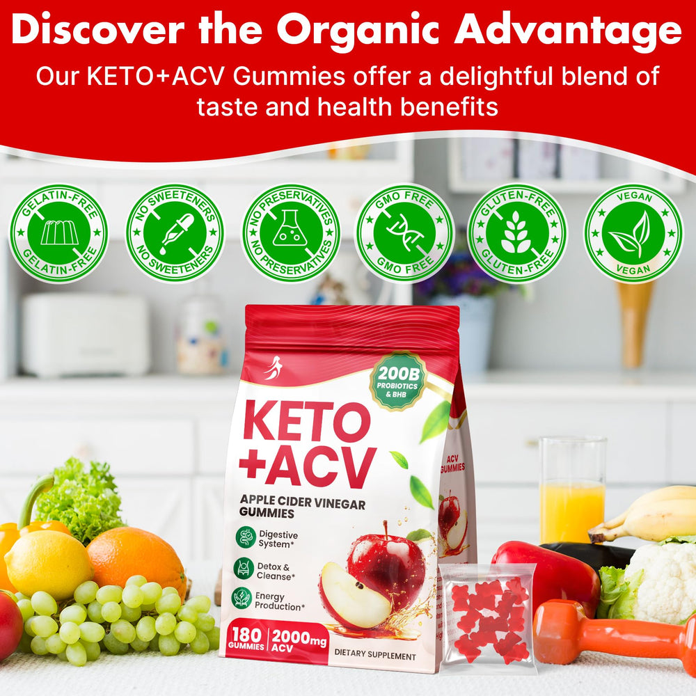 Vegan, gluten-free, gelatin-free ACV gummies in packaging