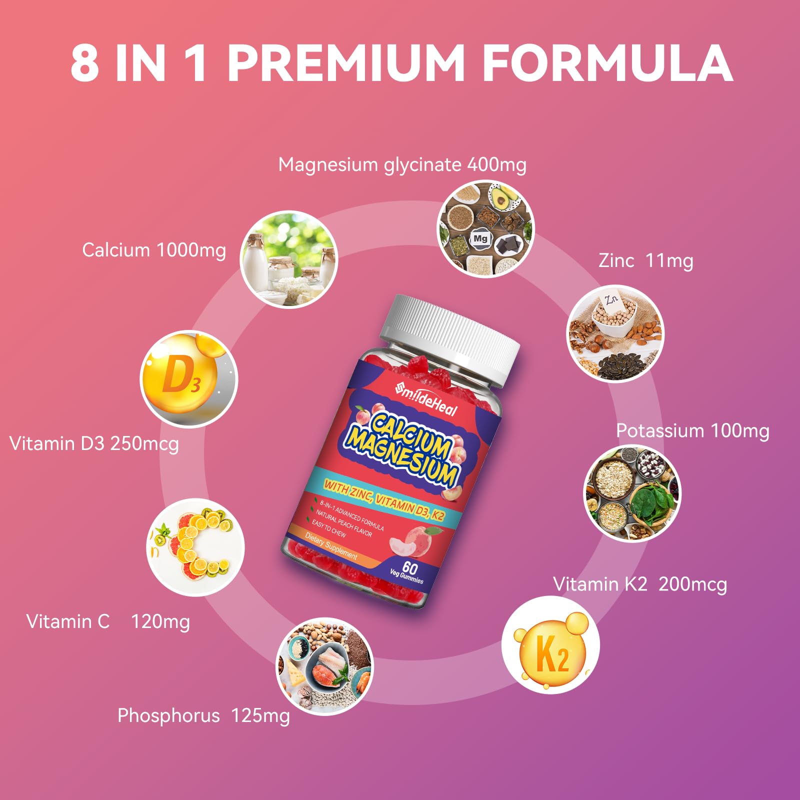 Vegan gluten-free calcium magnesium zinc gummies 120-count bottle