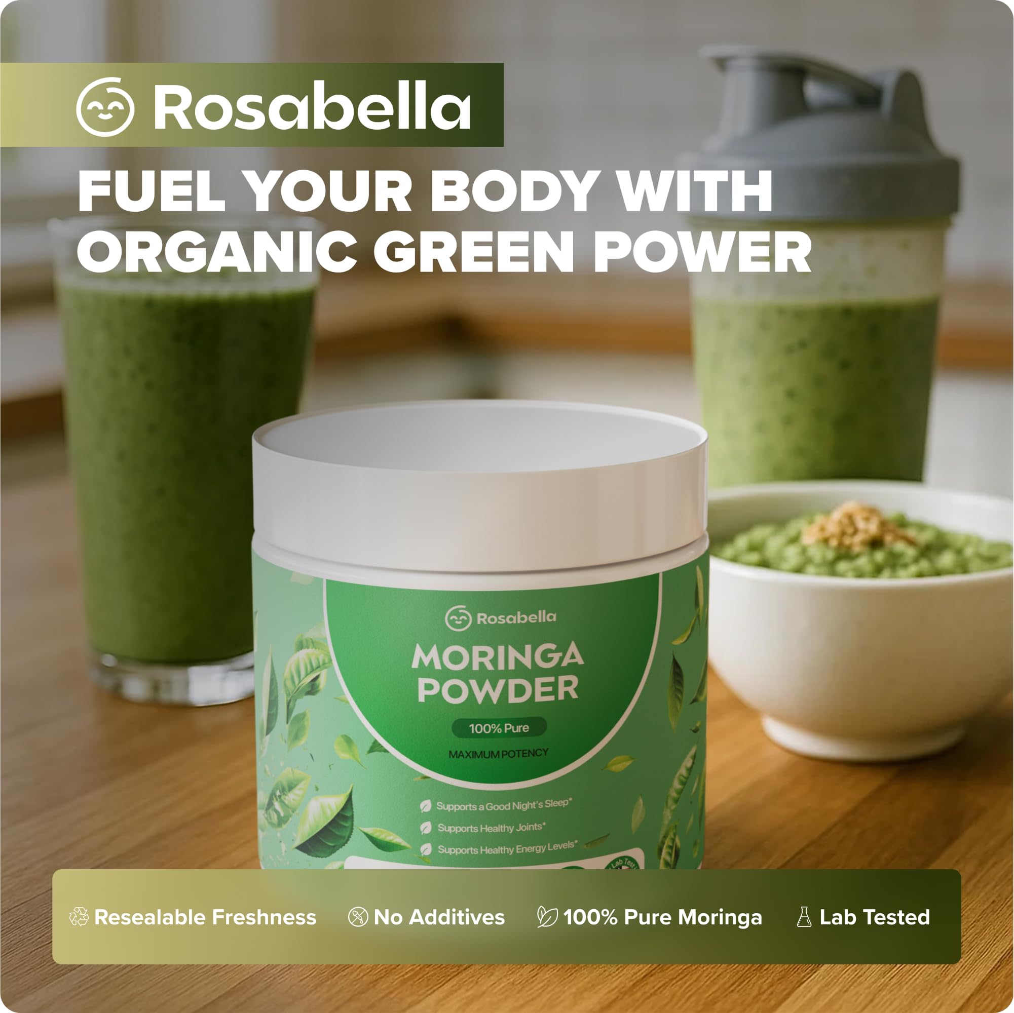 Vegan and gluten-free Rosabella Moringa powder label