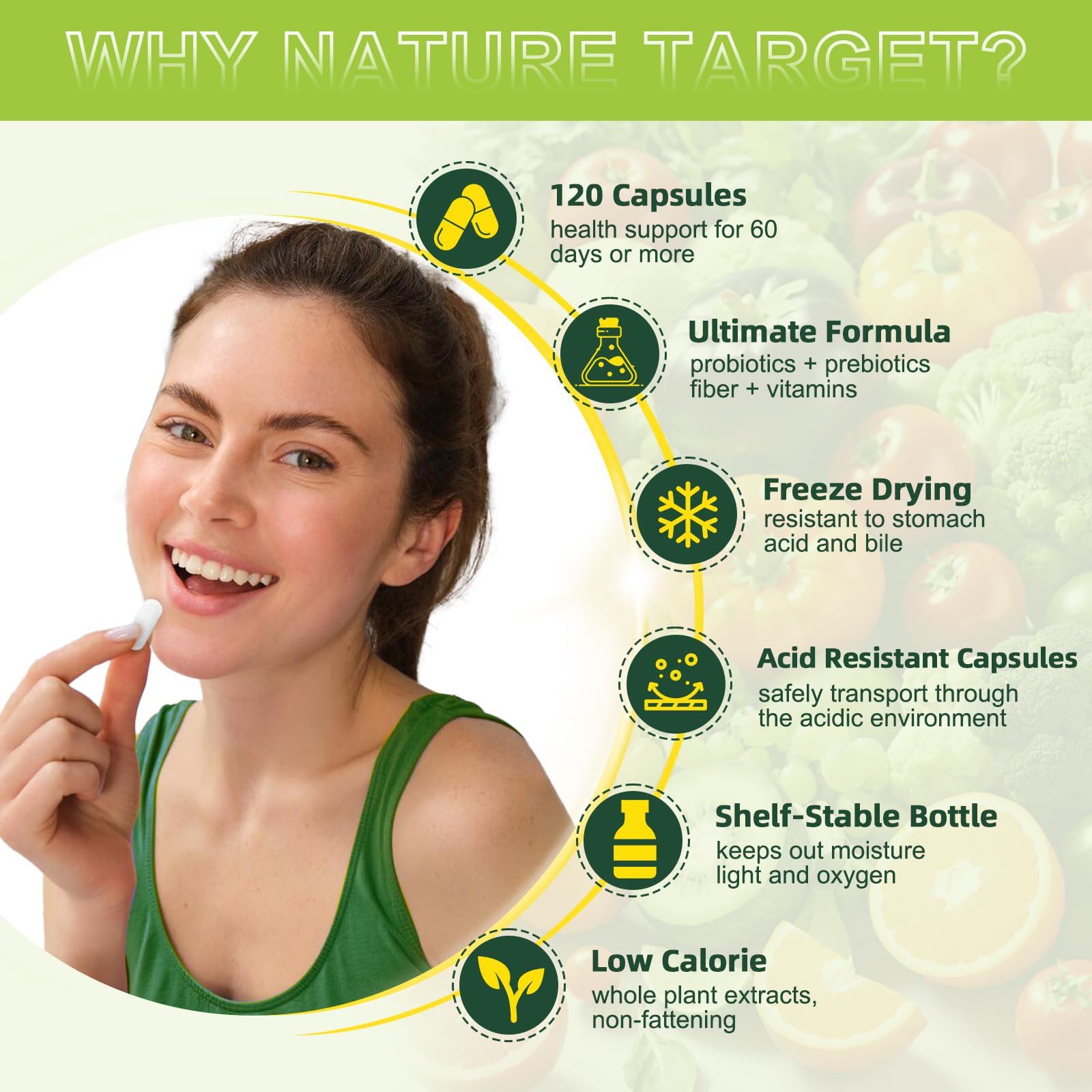 Vegan, gluten-free, non-GMO certification on Nature Target bottle