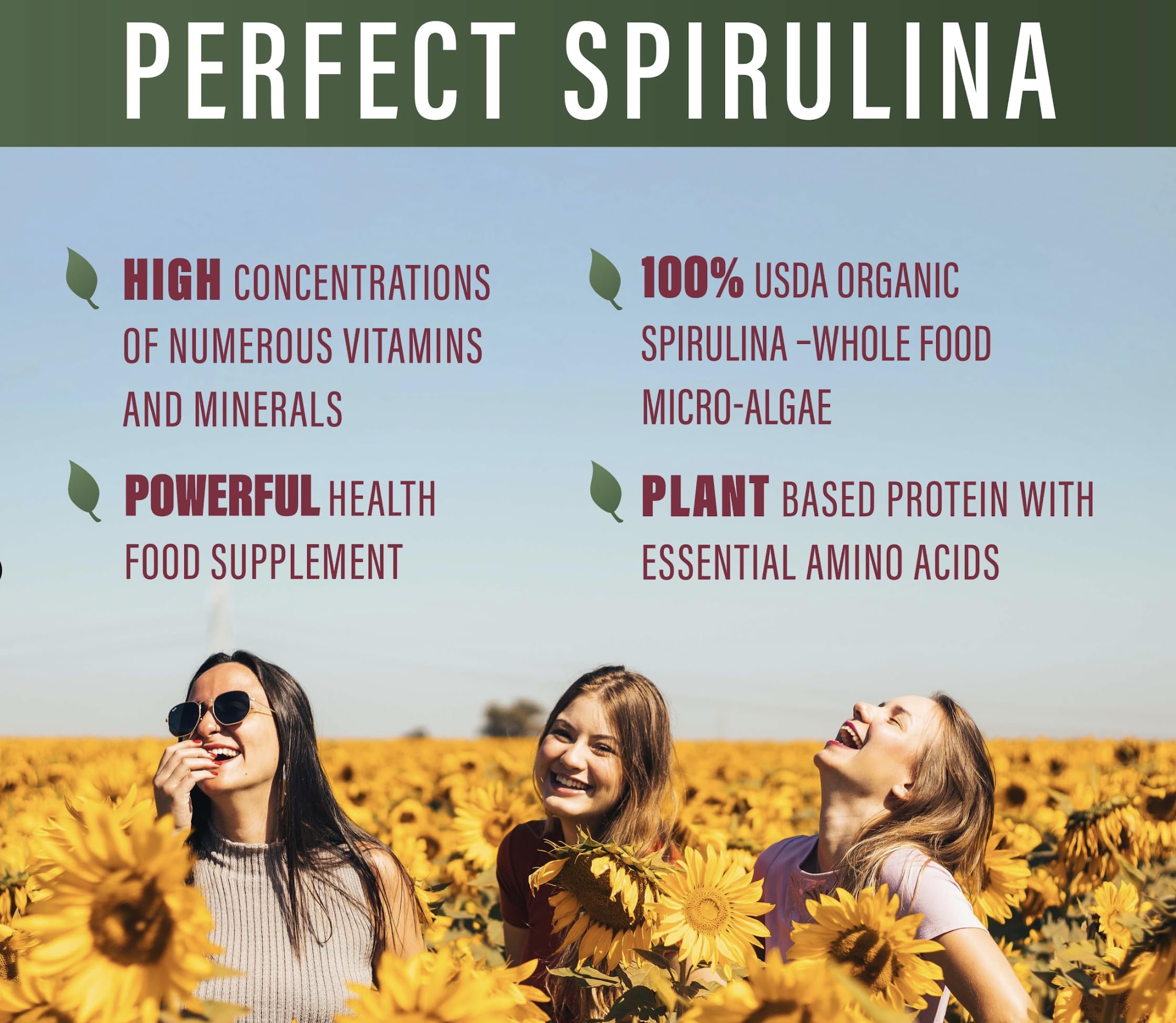 Vegan, gluten-free, non-GMO spirulina capsules