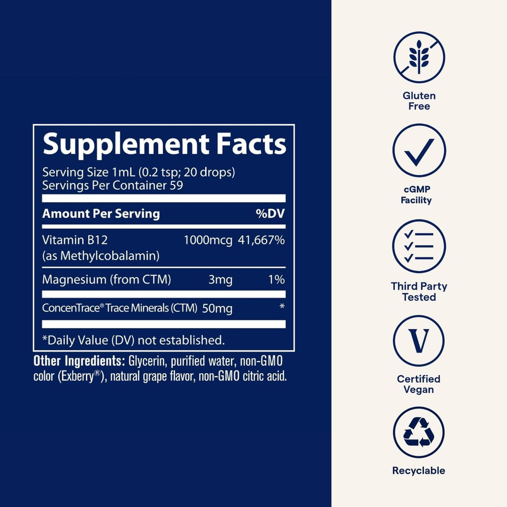 Vegan, gluten-free, purity-tested liquid B12