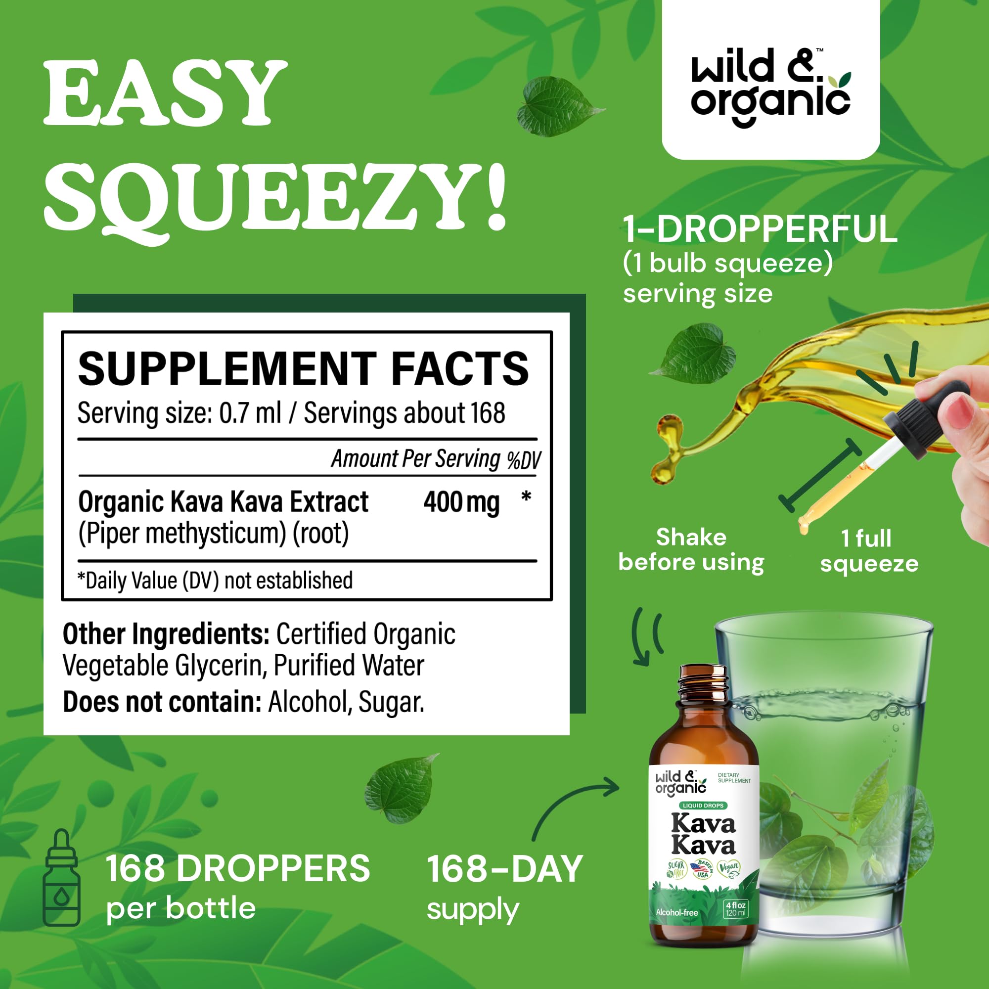 Vegan and GMO-free label on kava drops