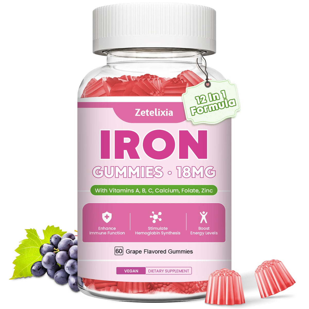 Front packshot of Zetelixia Vegan Iron Gummies 60-count