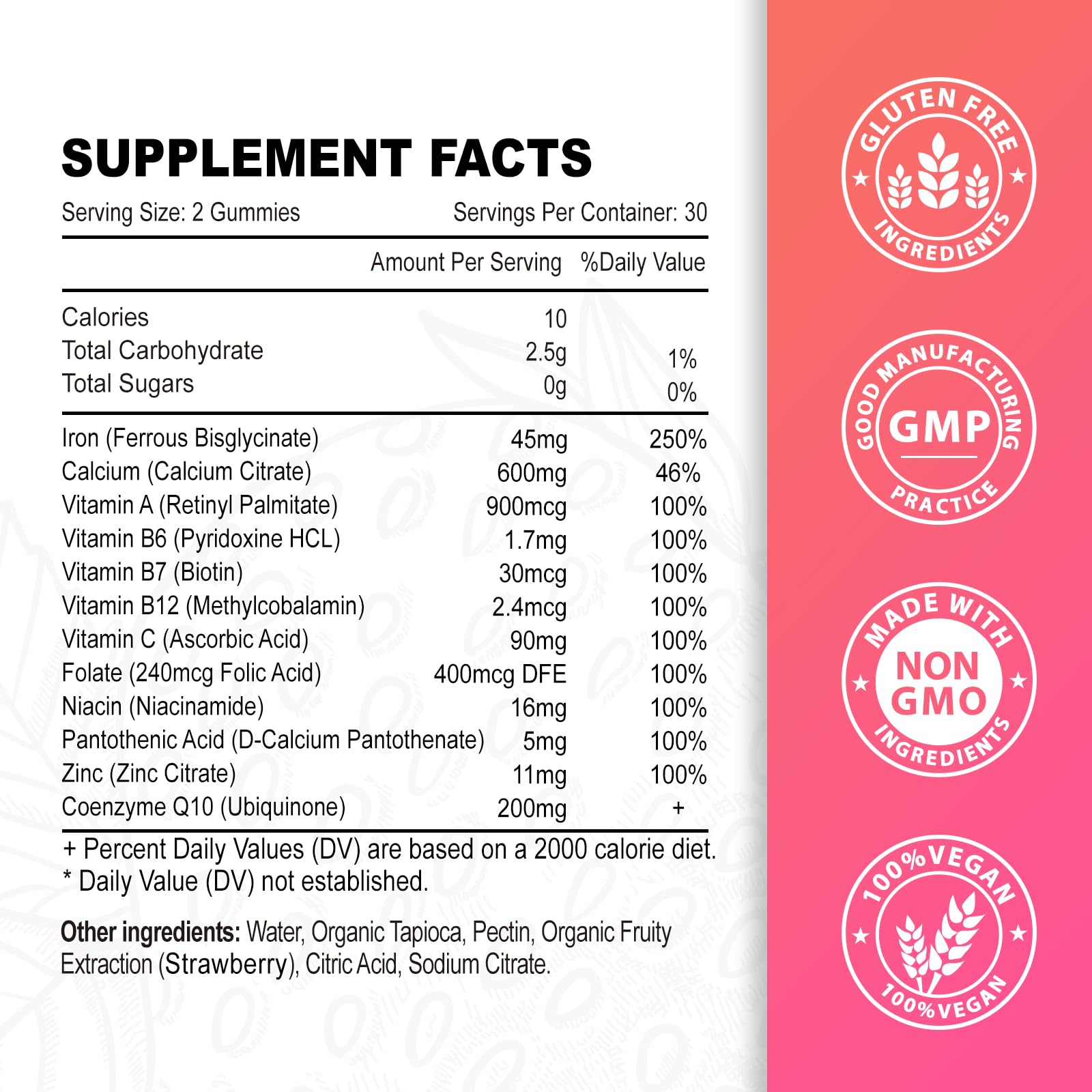Label highlighting ingredients: Vitamin C and CoQ10 in vegan iron gummies